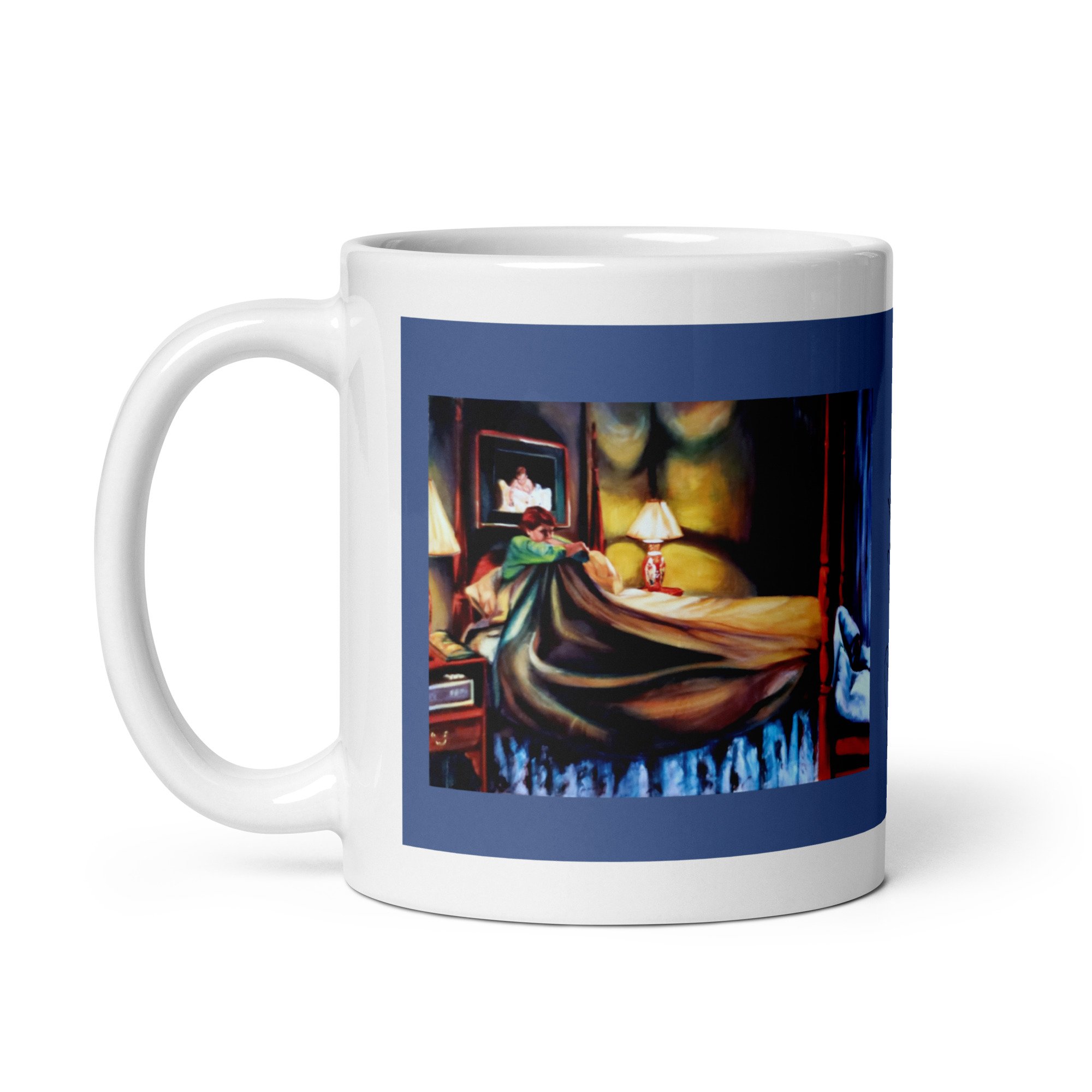 11 oz ceramic mug with Night Terrors oil wrap by Beverly G. McCarter, bed scene of subconscious fears on blue background.