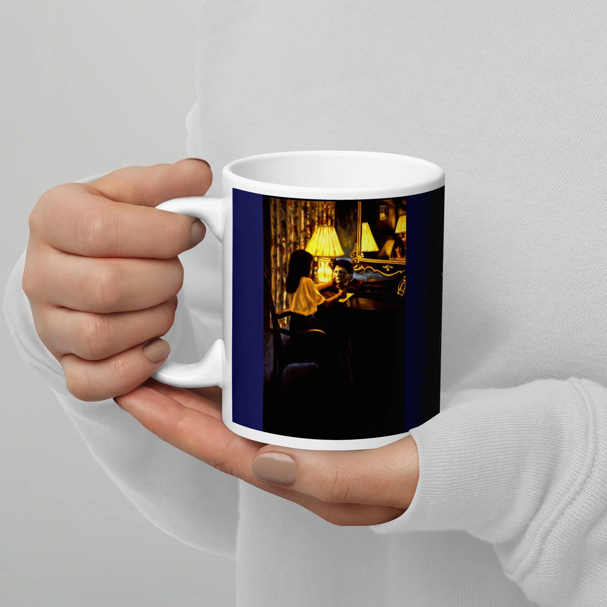 11 oz ceramic mug with Promises Kept oil wrap by Beverly G. McCarter, dramatic Dumas-inspired grief on violet-blue background.