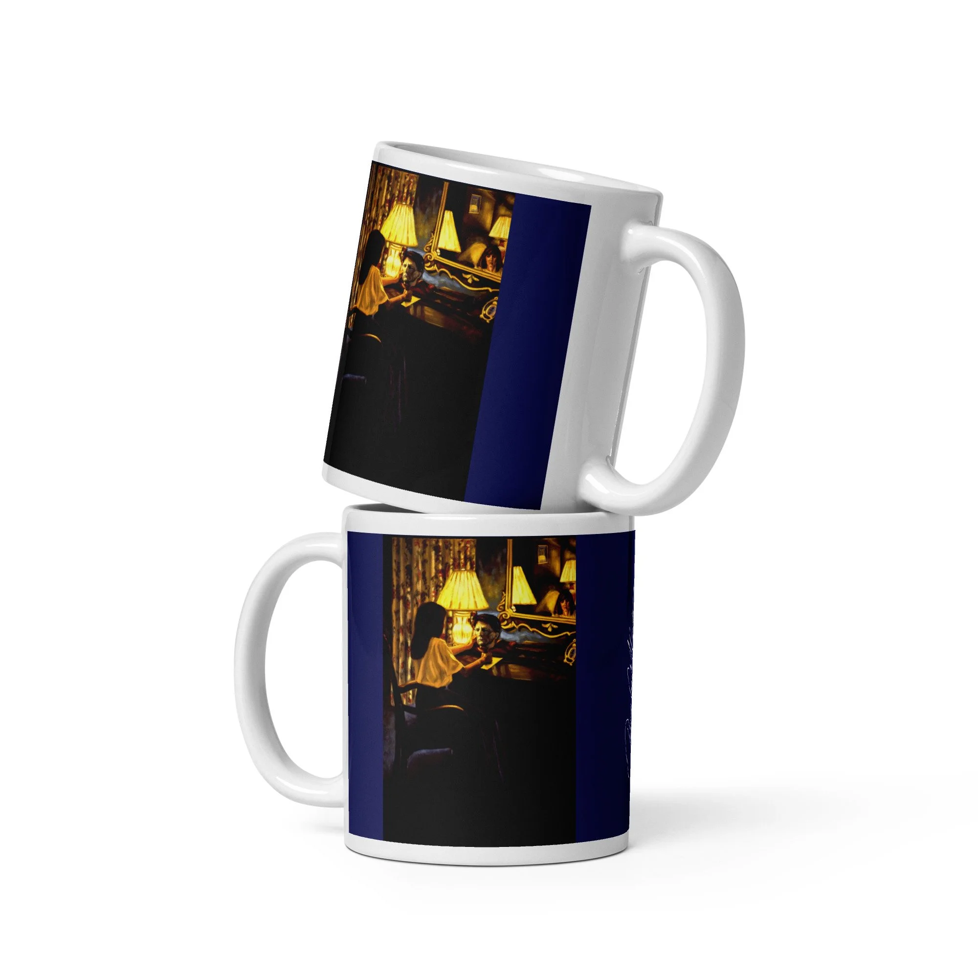 11 oz ceramic mug with Promises Kept oil wrap by Beverly G. McCarter, dramatic Dumas-inspired grief on violet-blue background.