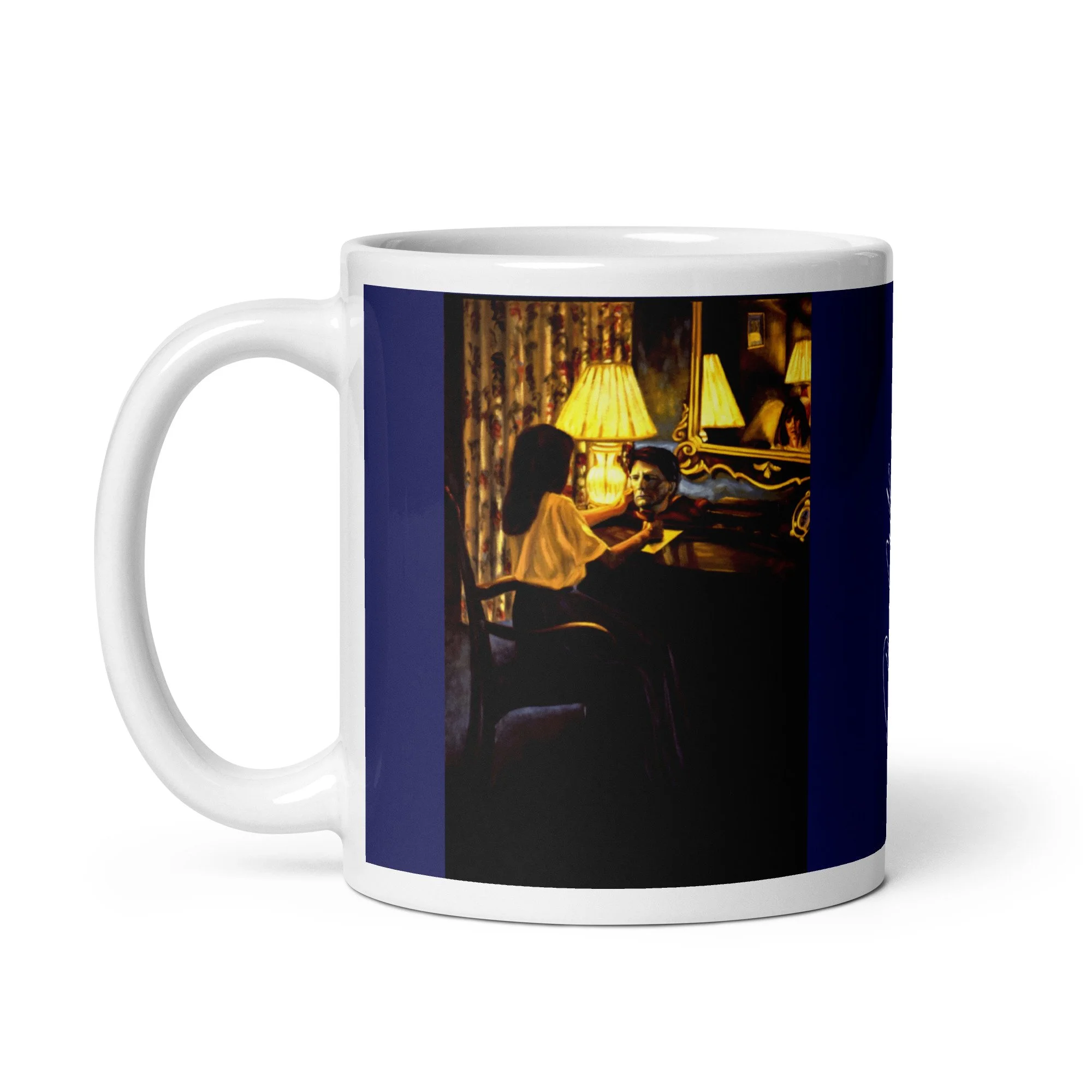 11 oz ceramic mug with Promises Kept oil wrap by Beverly G. McCarter, dramatic Dumas-inspired grief on violet-blue background.