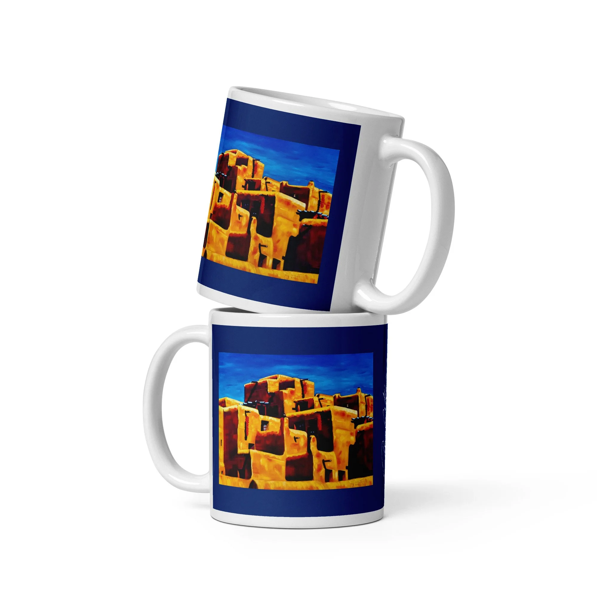 ”The Peppers” oil by Beverly G. McCarter – glowing adobe walls and hanging red chilis under a cobalt desert sky, printed front and back on 11 oz mug with deep cobalt-night-blue wrap.