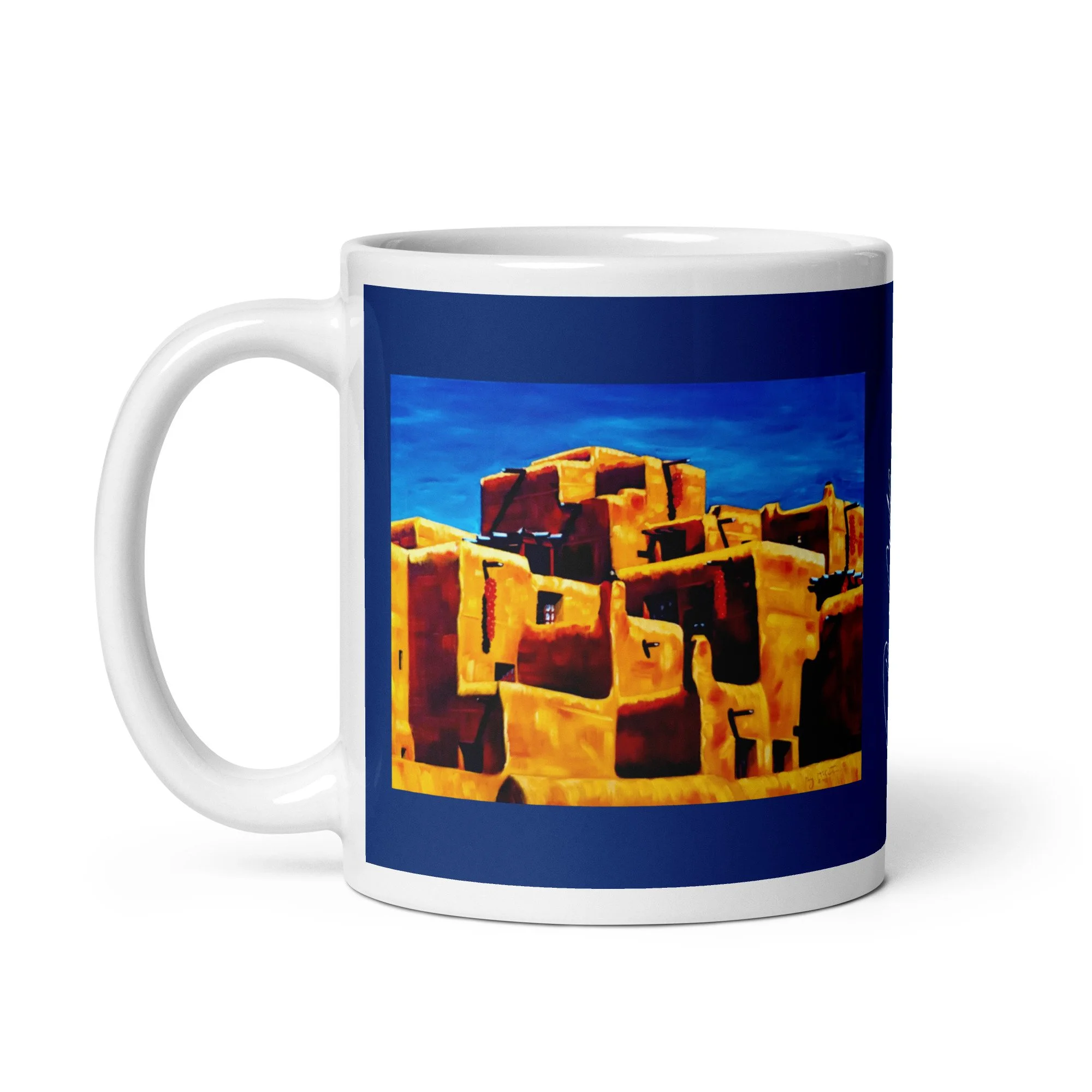 ”The Peppers” oil by Beverly G. McCarter – glowing adobe walls and hanging red chilis under a cobalt desert sky, printed front and back on 11 oz mug with deep cobalt-night-blue wrap.