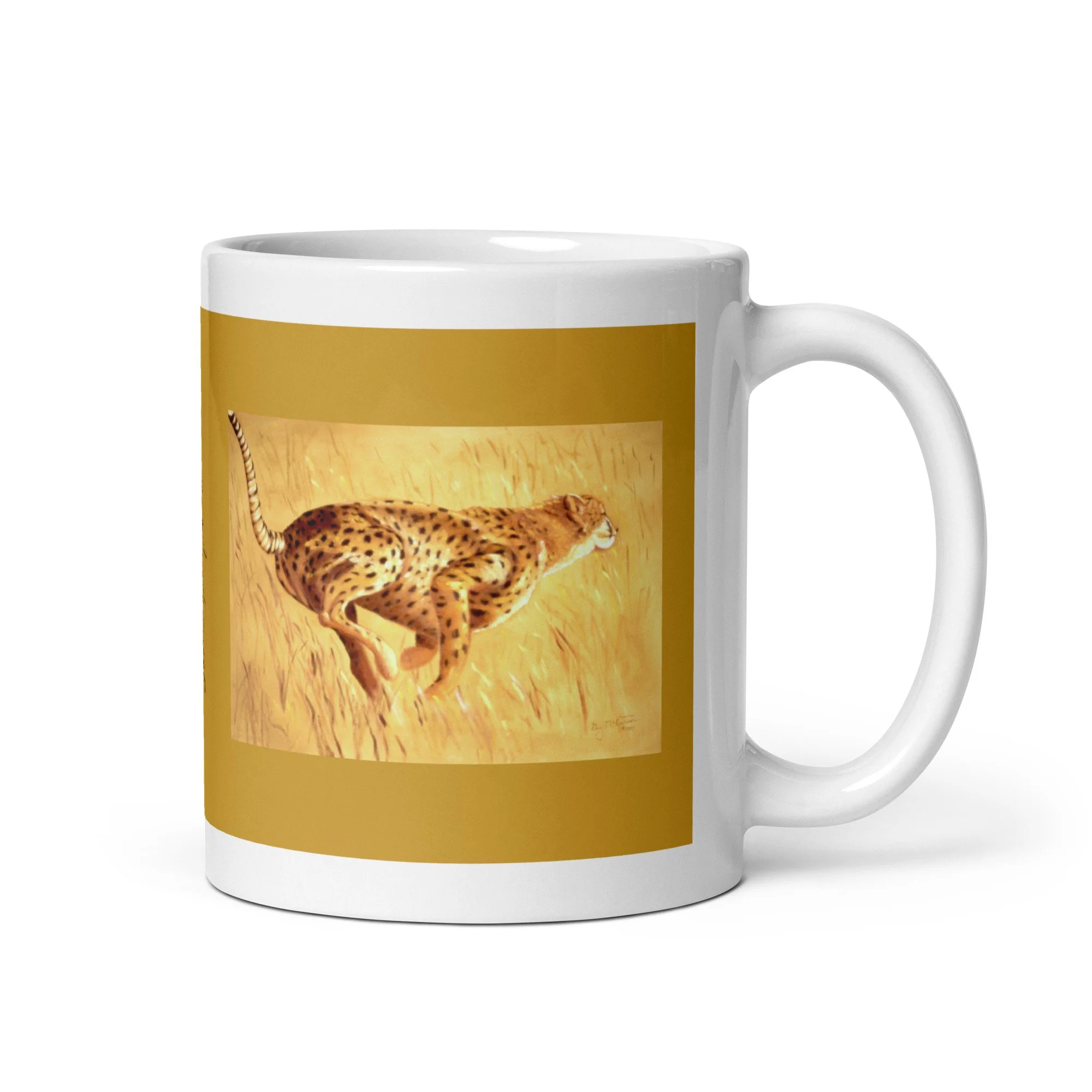 11 oz ceramic mug with Need for Speed oil wrap by Beverly G. McCarter, cheetah sprint on golden-savanna background.