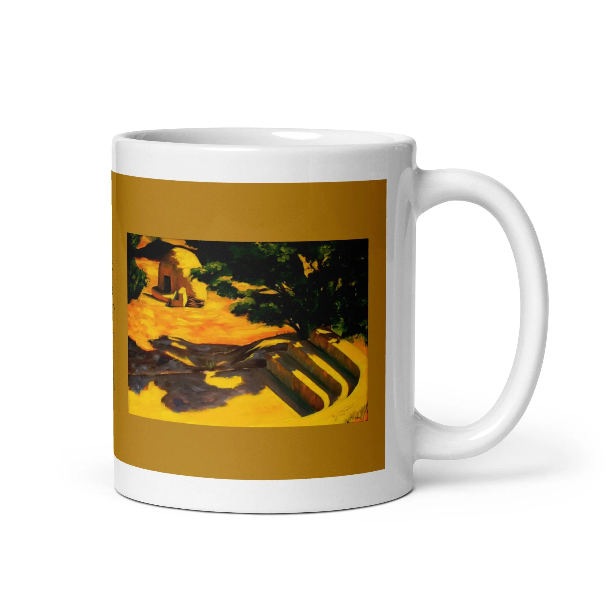 11 oz ceramic mug with Mergence of Time oil wrap by Beverly G. McCarter, ancient oven in desert on golden-ochre background.