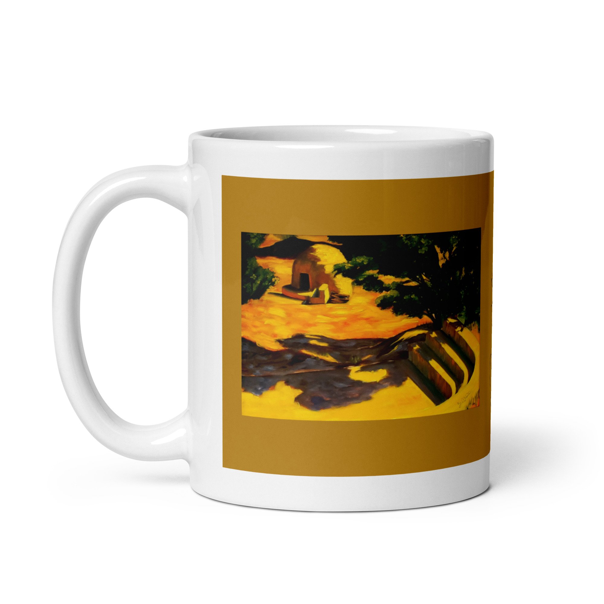 11 oz ceramic mug with Mergence of Time oil wrap by Beverly G. McCarter, ancient oven in desert on golden-ochre background.