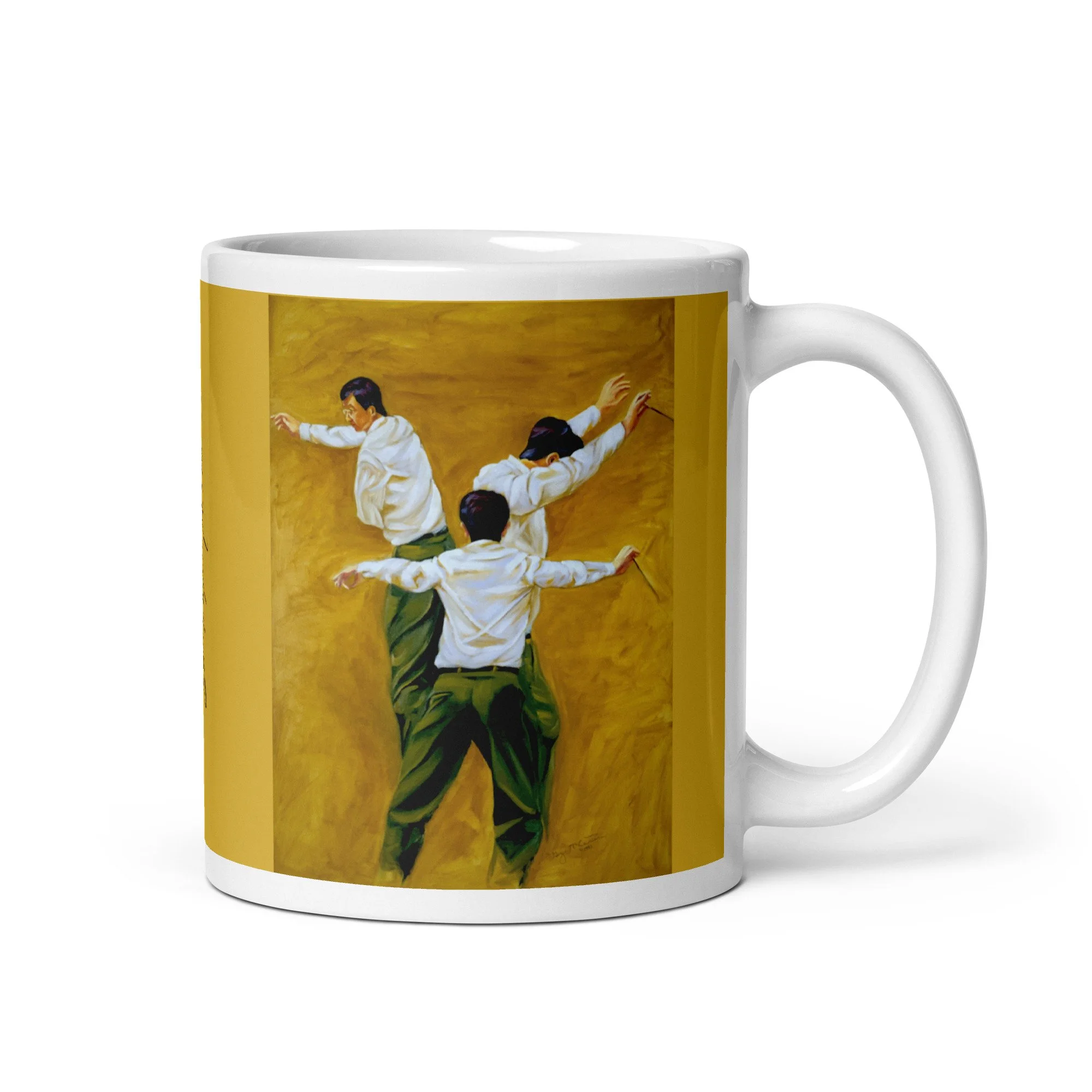 11 oz ceramic mug with Making it Work oil wrap by Beverly G. McCarter, layered conductor figures on golden background.