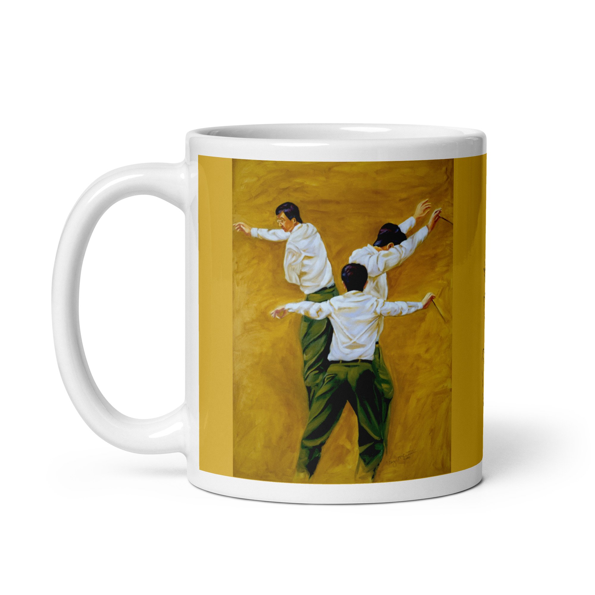 11 oz ceramic mug with Making it Work oil wrap by Beverly G. McCarter, layered conductor figures on golden background.