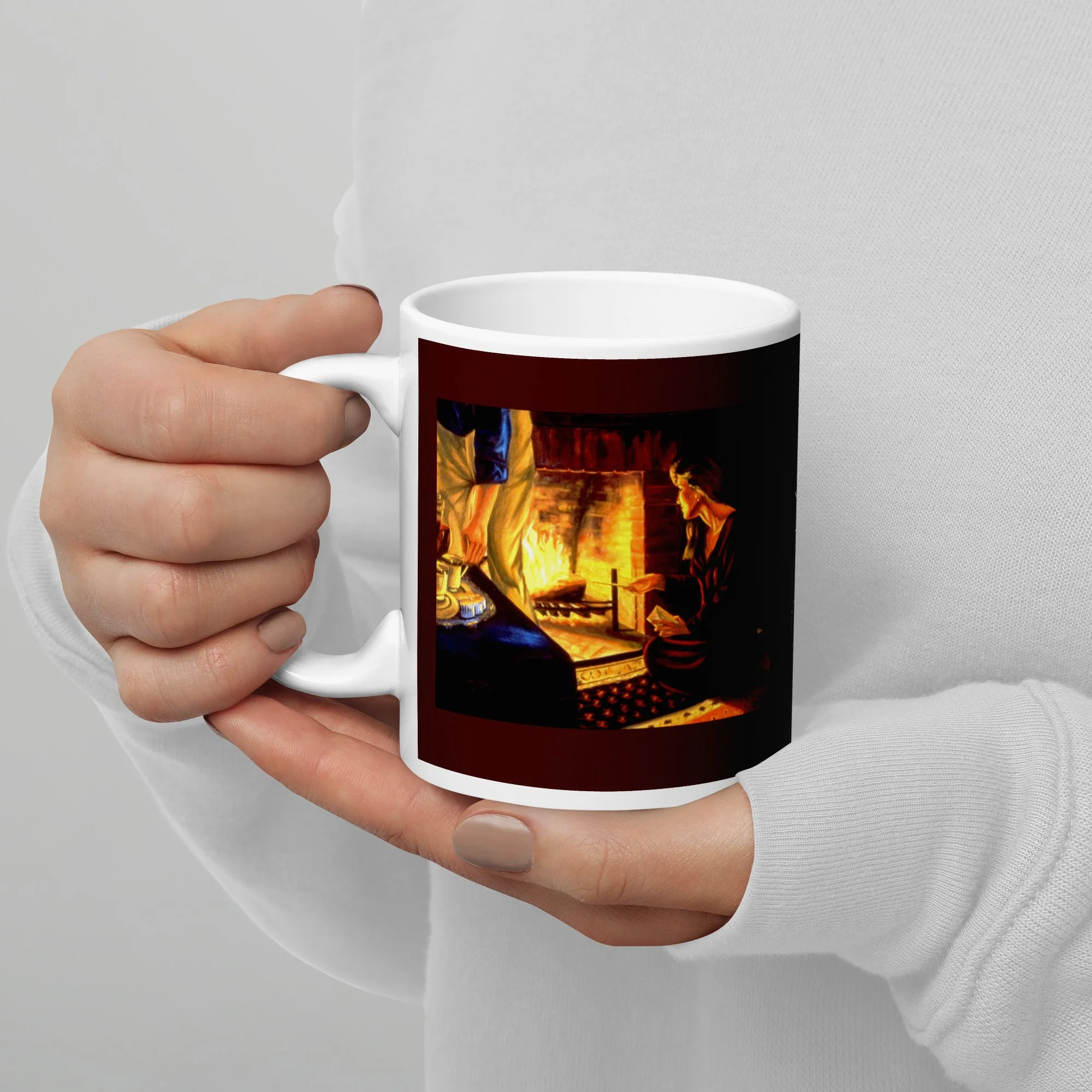 11 oz ceramic mug with The Letters oil wrap by Beverly G. McCarter, fireplace scene of emotional letting go on burgundy background.