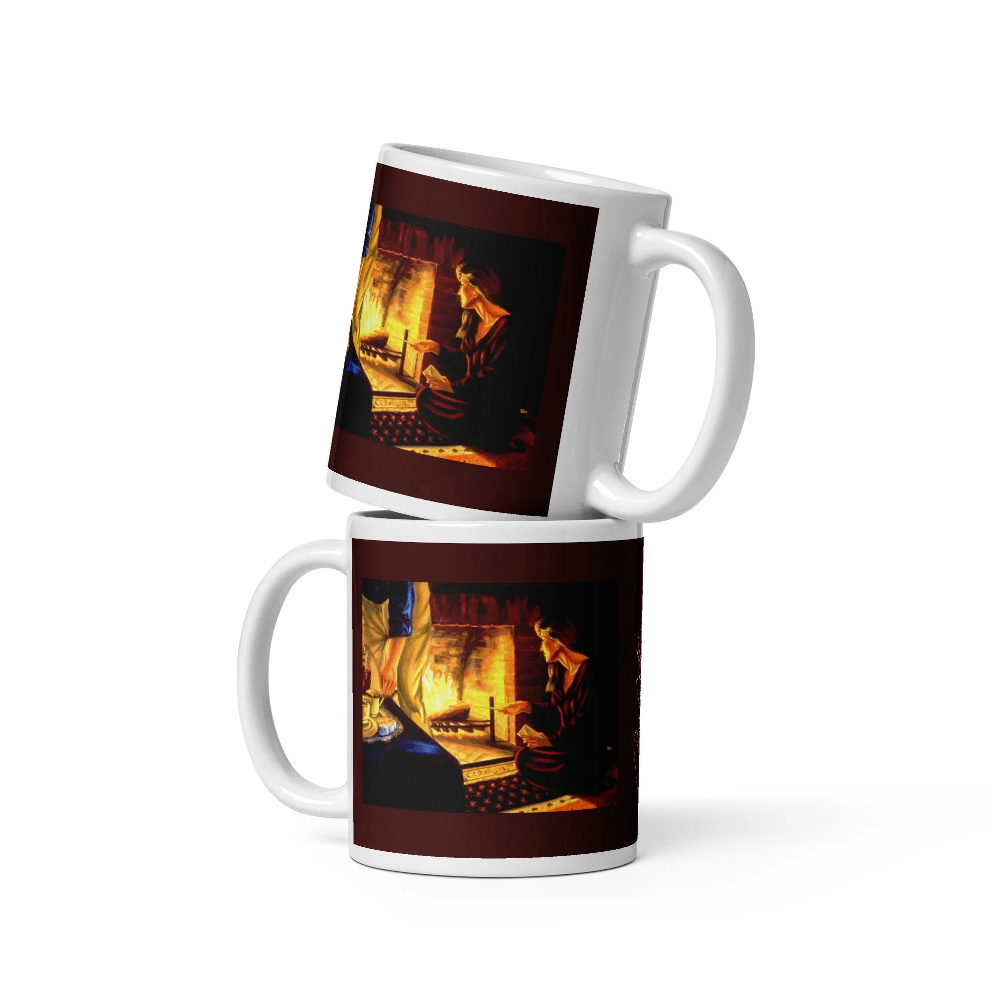 11 oz ceramic mug with The Letters oil wrap by Beverly G. McCarter, fireplace scene of emotional letting go on burgundy background.