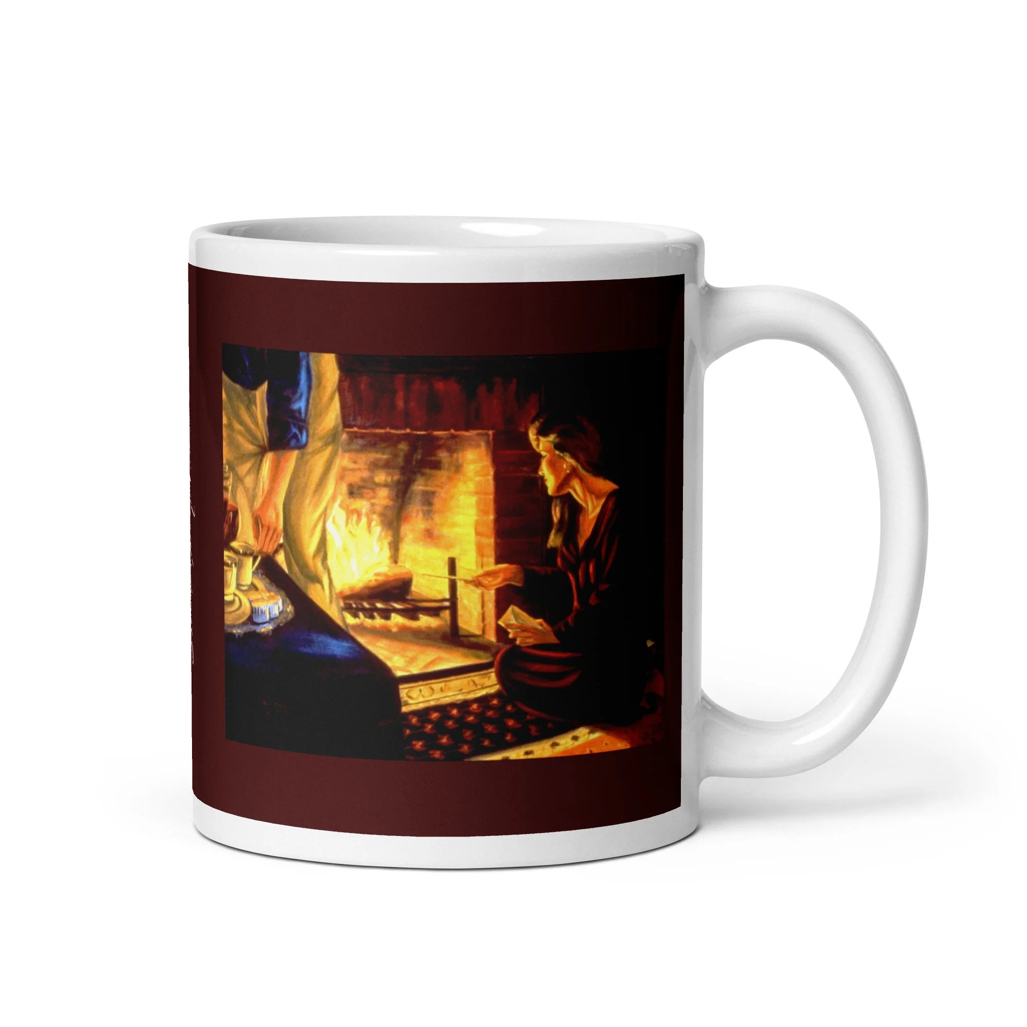 11 oz ceramic mug with The Letters oil wrap by Beverly G. McCarter, fireplace scene of emotional letting go on burgundy background.