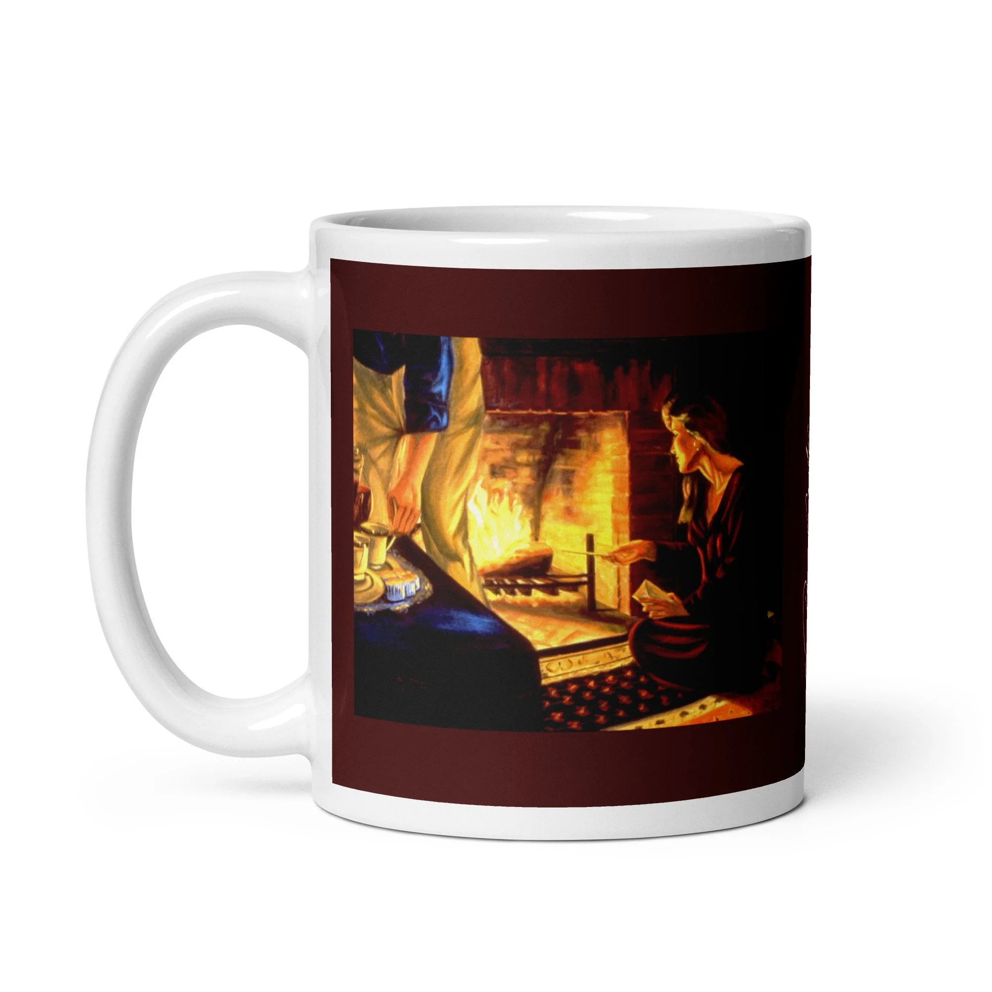 11 oz ceramic mug with The Letters oil wrap by Beverly G. McCarter, fireplace scene of emotional letting go on burgundy background.