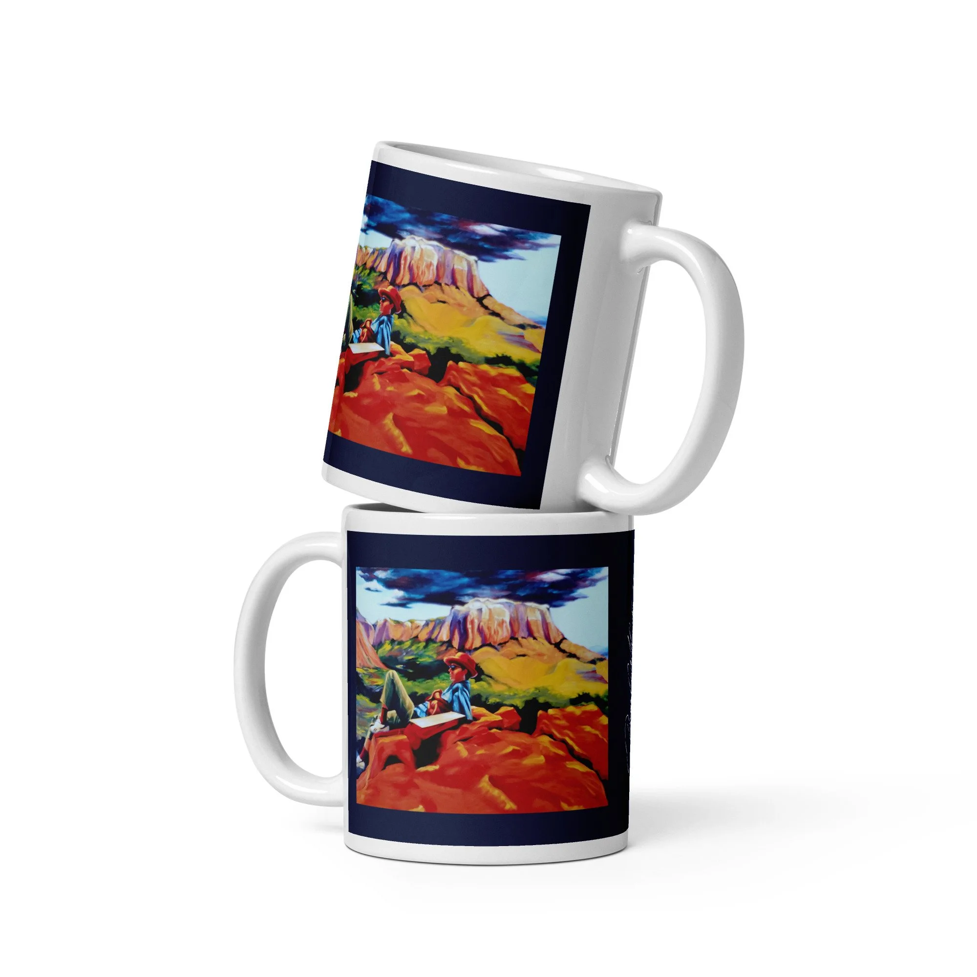 11 oz ceramic mug with On the Edge oil wrap by Beverly G. McCarter, red rocks and storm sky on gray background.