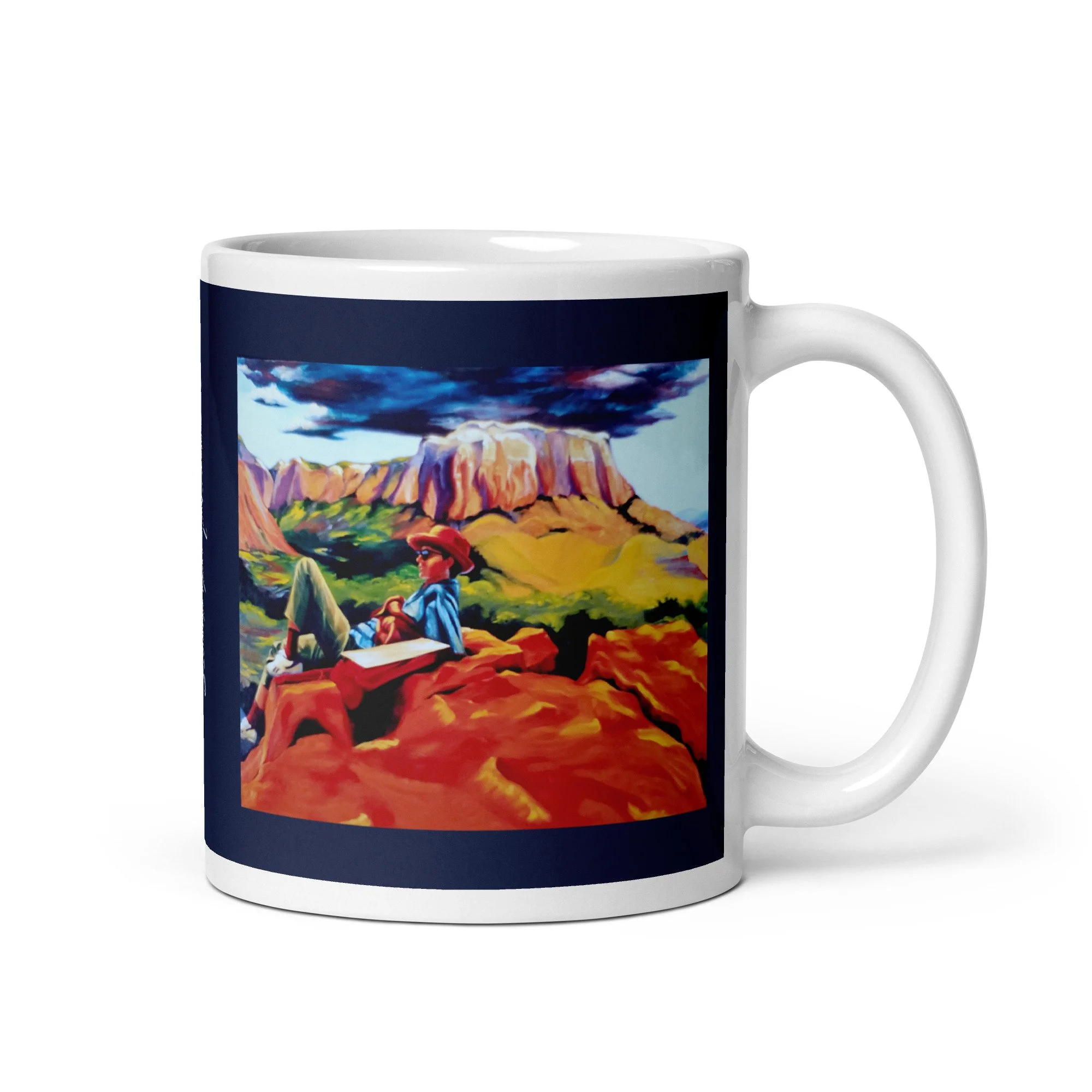 11 oz ceramic mug with On the Edge oil wrap by Beverly G. McCarter, red rocks and storm sky on gray background.