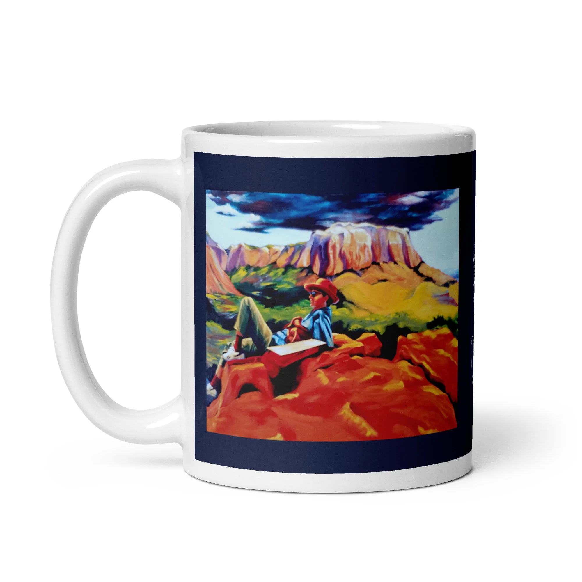 11 oz ceramic mug with On the Edge oil wrap by Beverly G. McCarter, red rocks and storm sky on gray background.