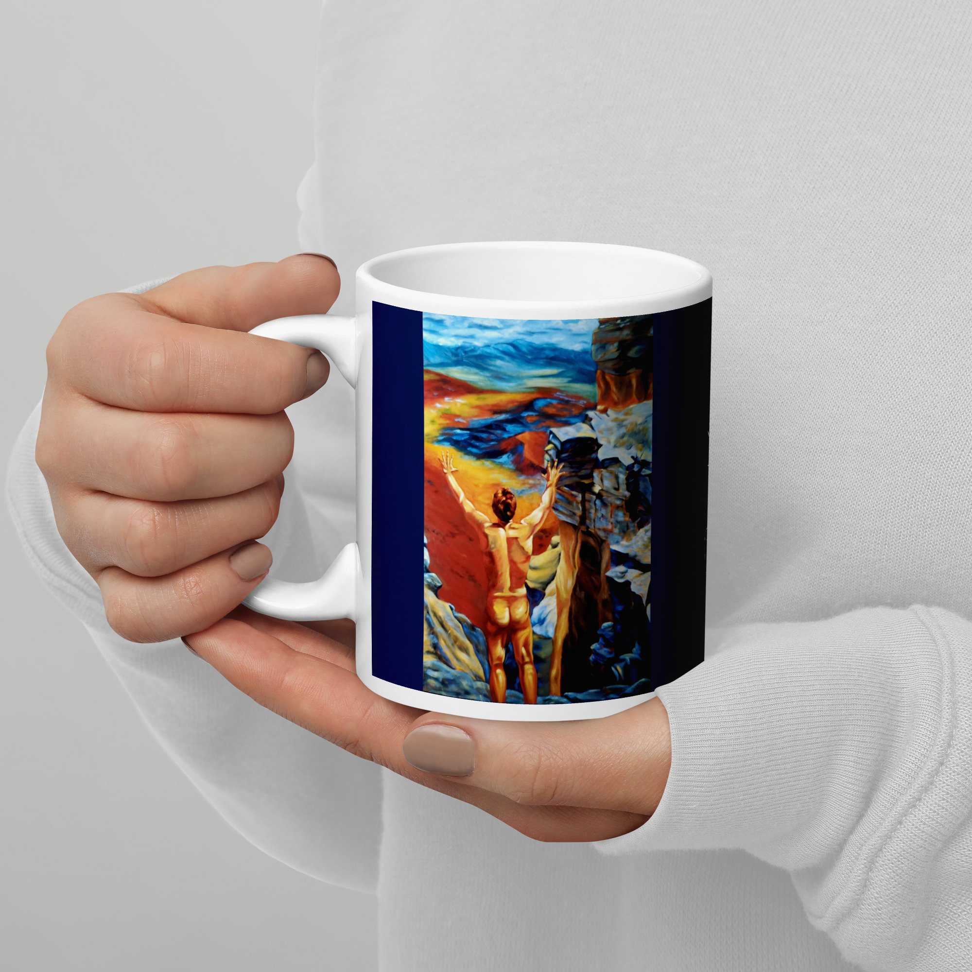 11 oz ceramic mug with Assertion of Self oil wrap by Beverly G. McCarter, defiant nude on rocky peak with midnight-blue background.