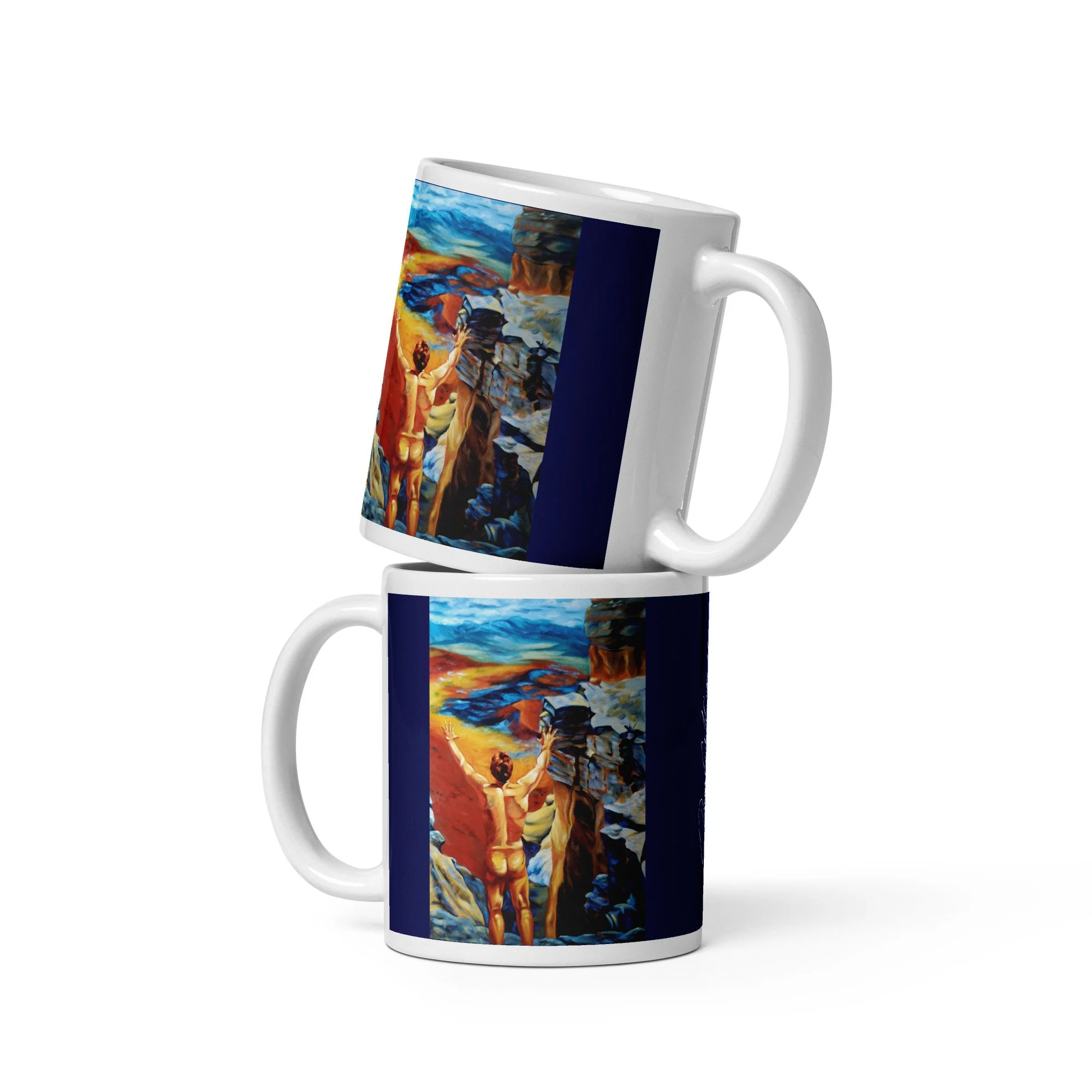 11 oz ceramic mug with Assertion of Self oil wrap by Beverly G. McCarter, defiant nude on rocky peak with midnight-blue background.