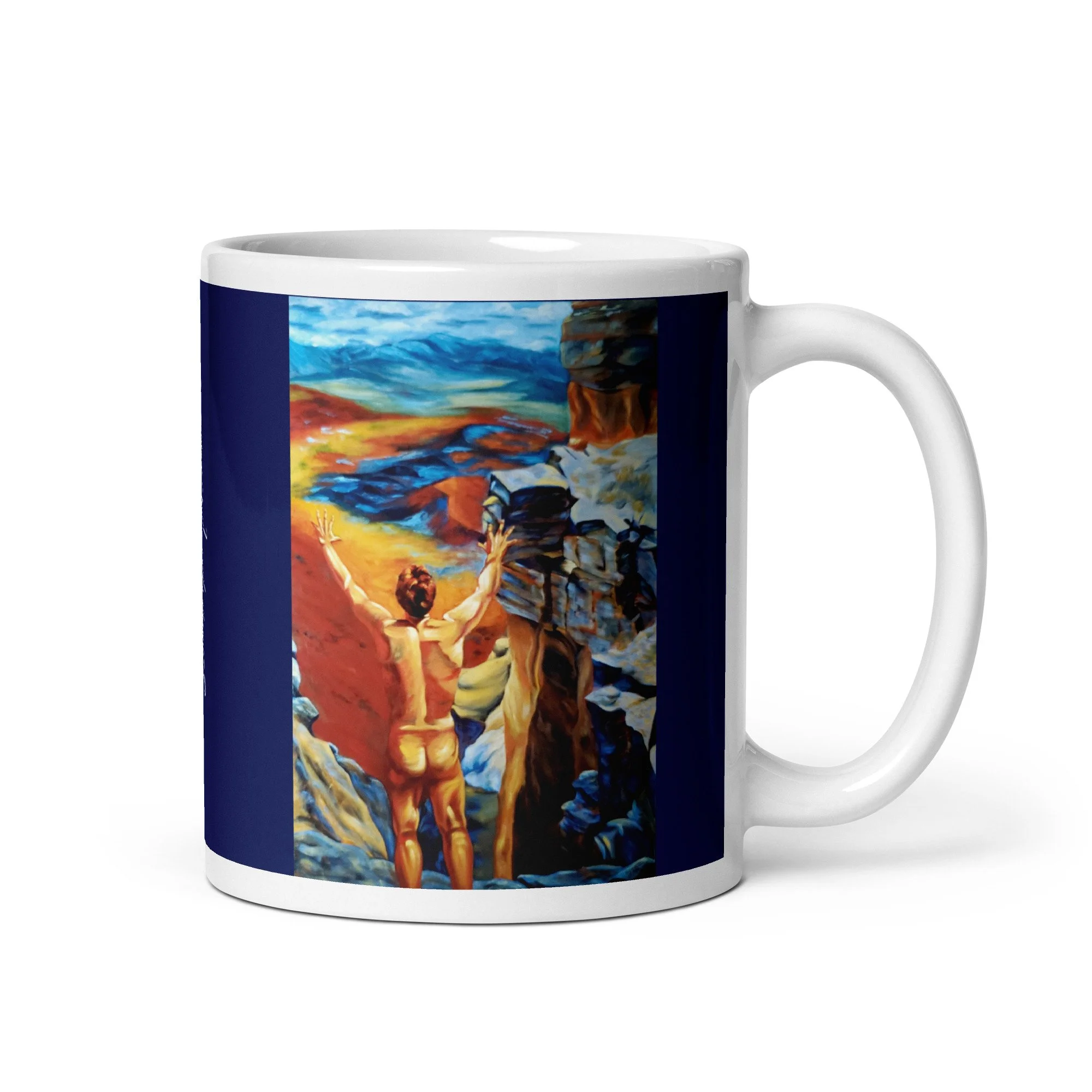 11 oz ceramic mug with Assertion of Self oil wrap by Beverly G. McCarter, defiant nude on rocky peak with midnight-blue background.