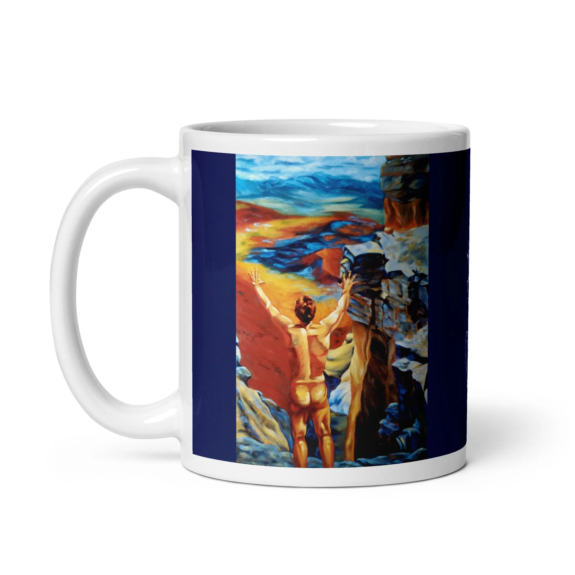 11 oz ceramic mug with Assertion of Self oil wrap by Beverly G. McCarter, defiant nude on rocky peak with midnight-blue background.