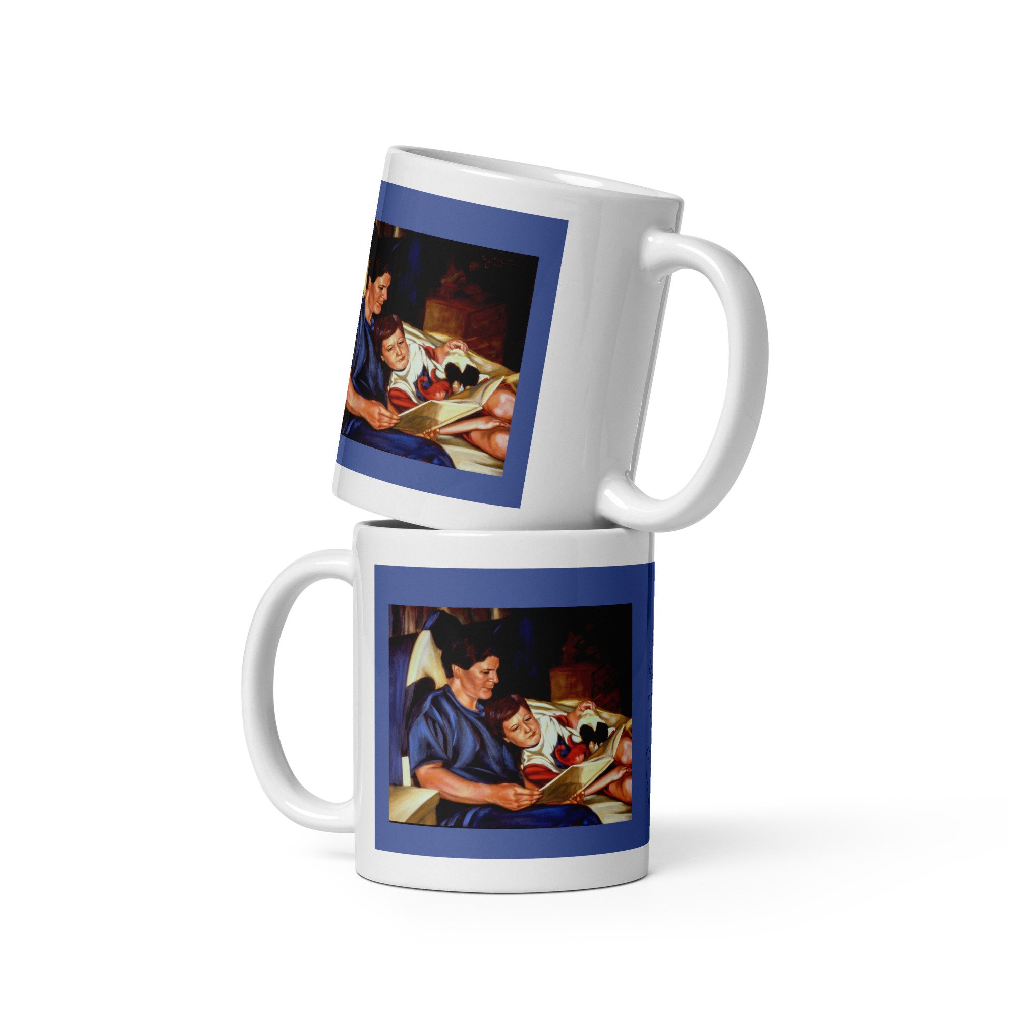 11 oz ceramic mug with Story Time oil wrap by Beverly G. McCarter, bedtime story scene on twilight-blue background.