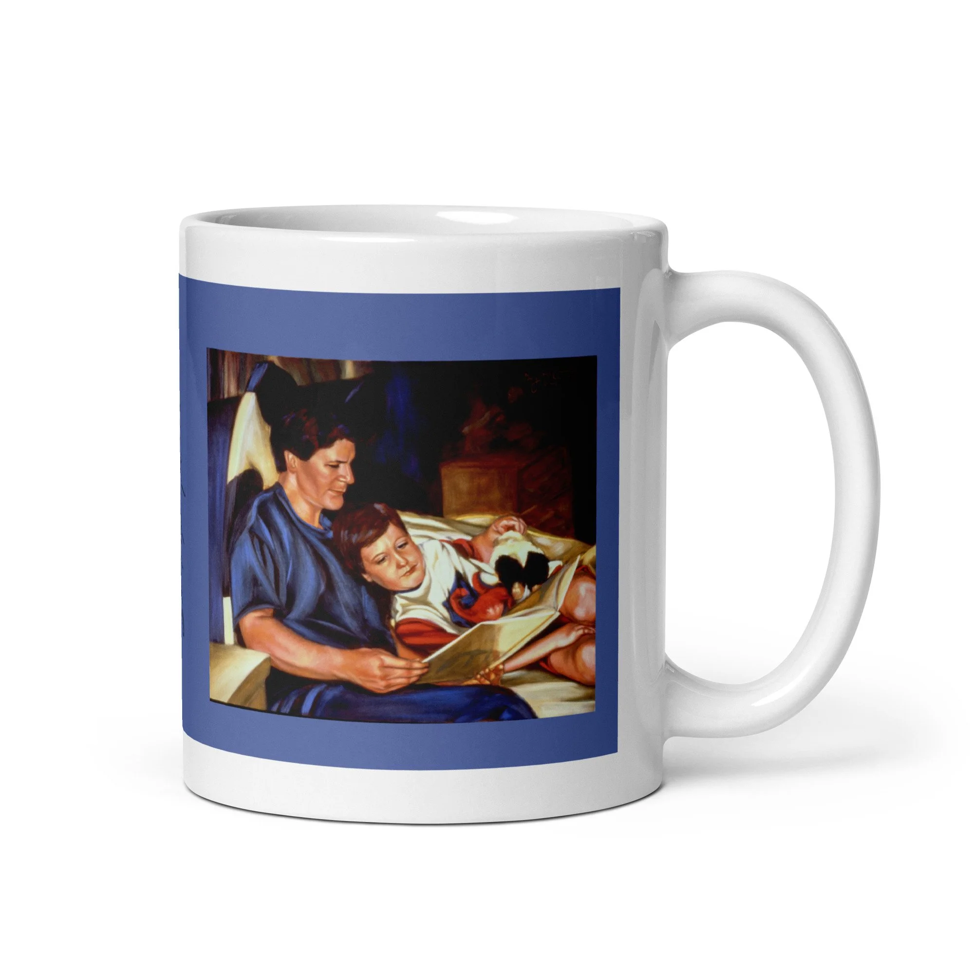 11 oz ceramic mug with Story Time oil wrap by Beverly G. McCarter, bedtime story scene on twilight-blue background.