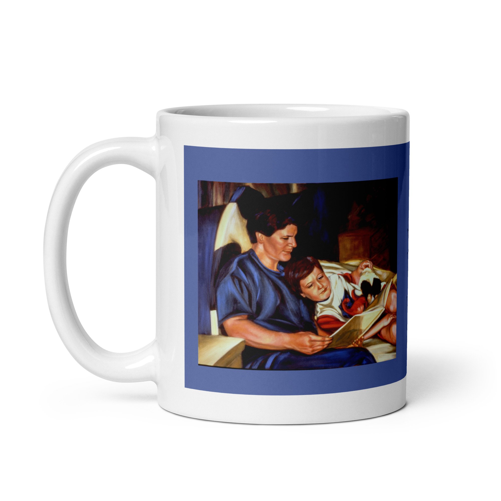 11 oz ceramic mug with Story Time oil wrap by Beverly G. McCarter, bedtime story scene on twilight-blue background.