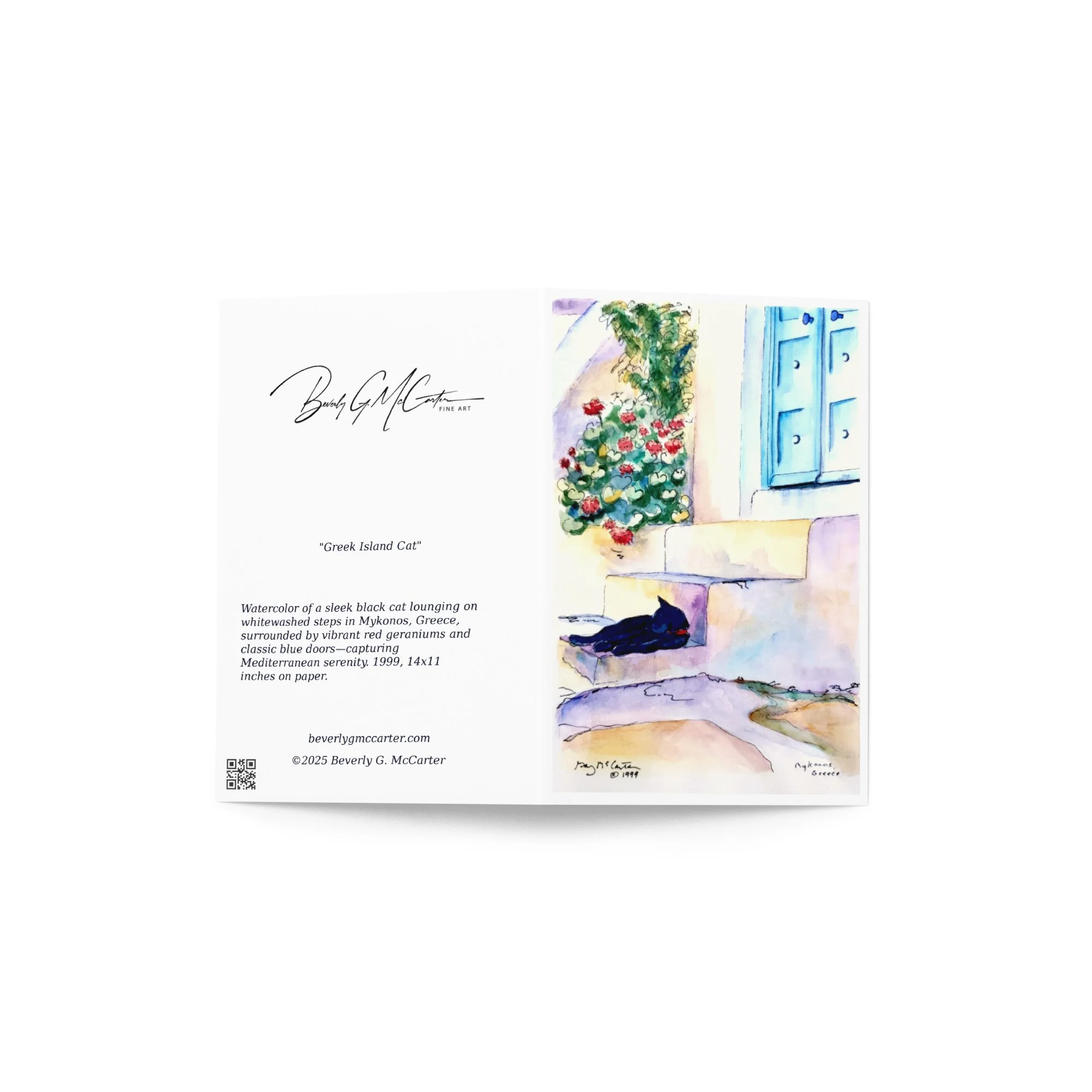 “Greek Island Cat” 1999 watercolor by Beverly G. McCarter – black cat on sun-warmed steps with geraniums and blue doors, Mediterranean serenity, set of 5 Fine Art Note Cards.