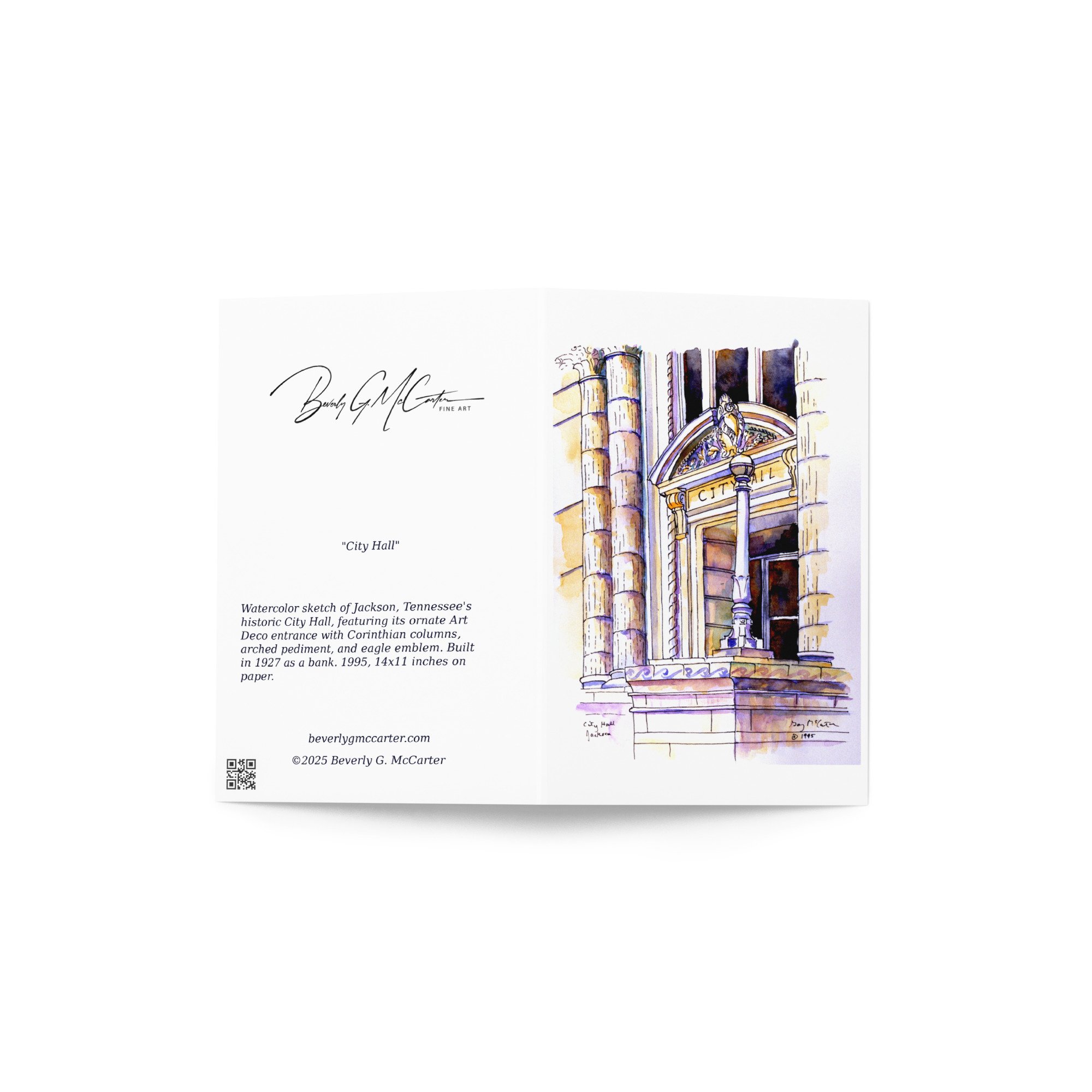 “City Hall” 1995 watercolor by Beverly G. McCarter – Jackson TN's Art Deco columns and eagle pediment tributing civic pride, set of 5 Fine Art Note Cards.
