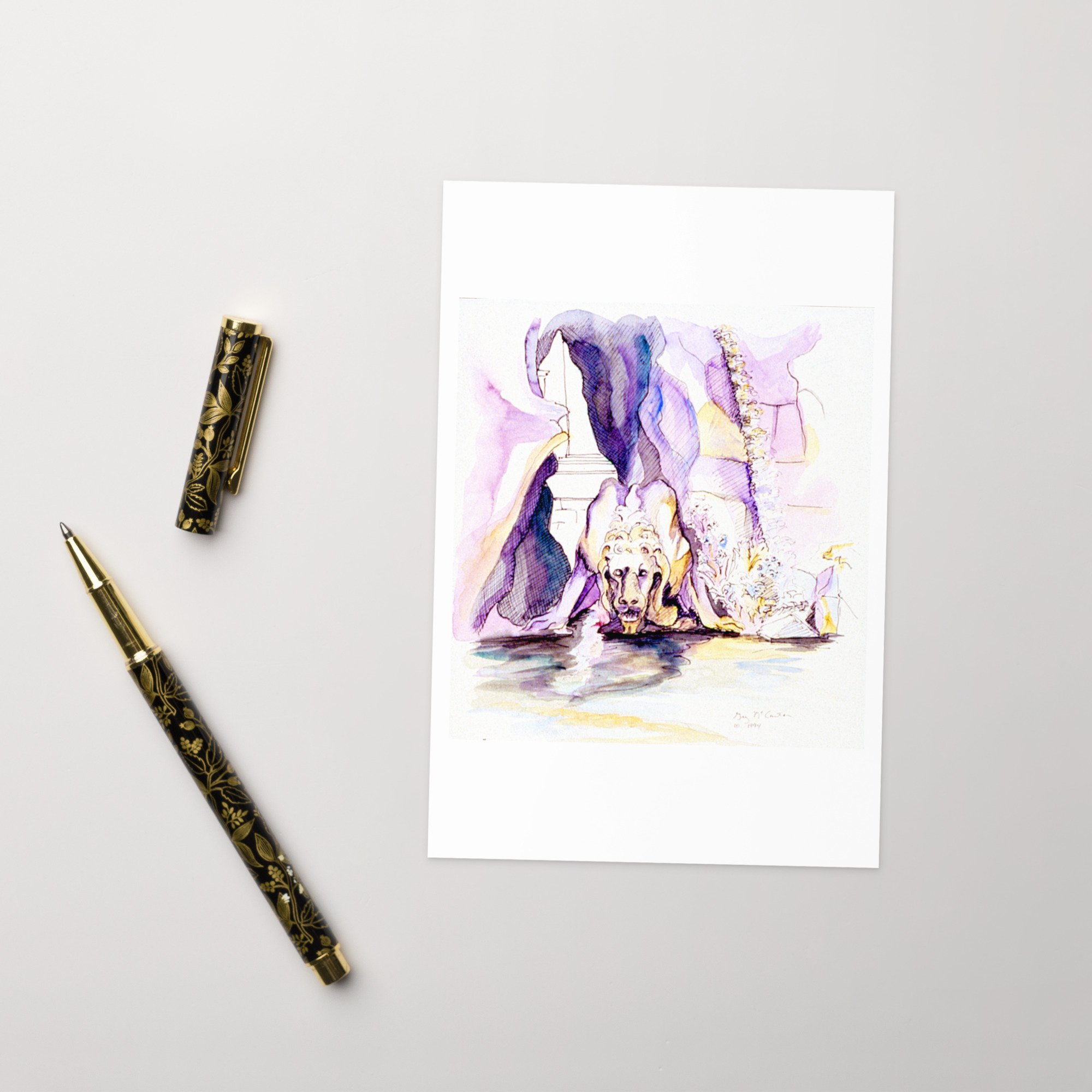 “Fontana dei Fiumi” 1995 watercolor by Beverly G. McCarter – Rome's iconic fountain with light on cascading water and sculptures, symbolizing life's fluid changes, set of 5 Fine Art Note Cards.