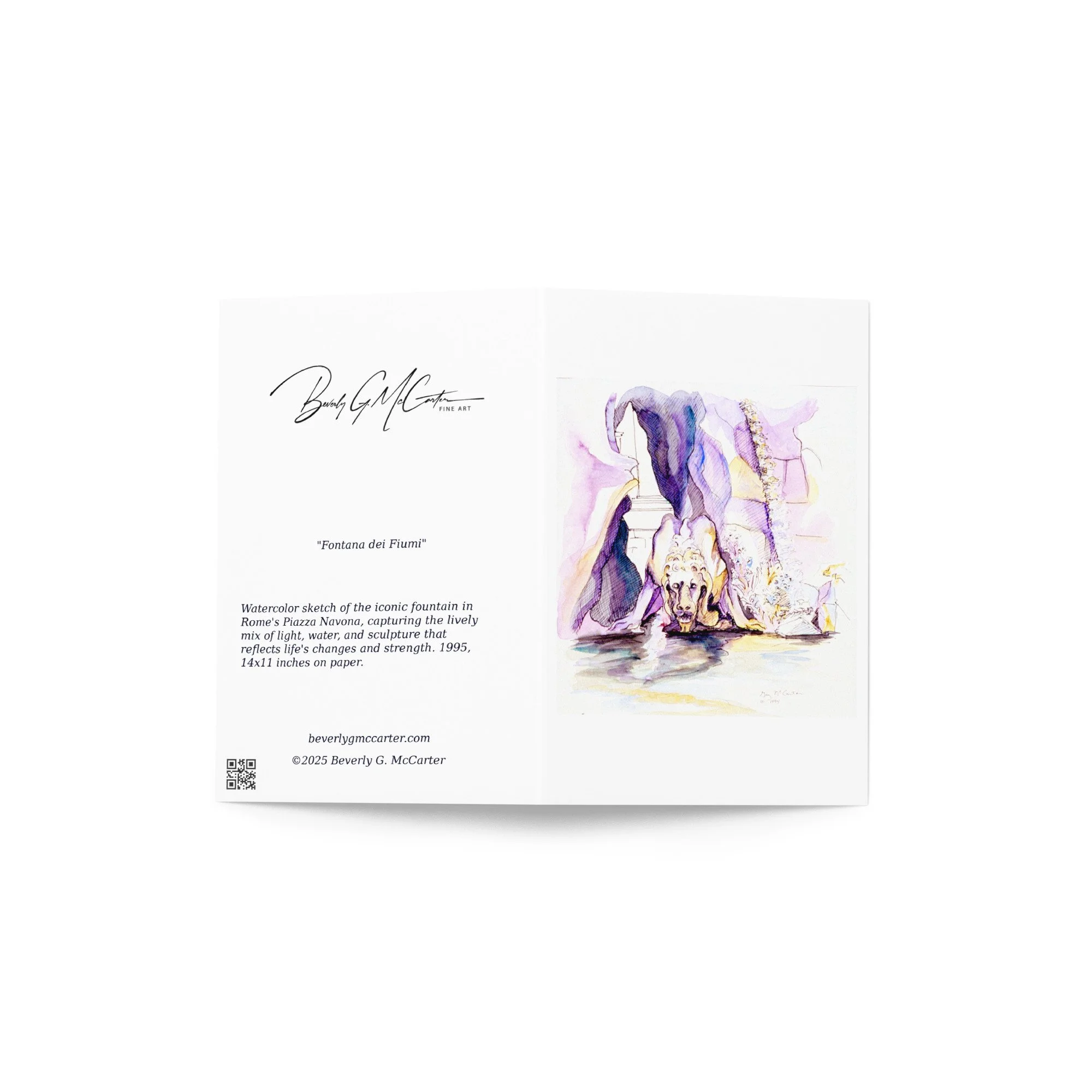 “Fontana dei Fiumi” 1995 watercolor by Beverly G. McCarter – Rome's iconic fountain with light on cascading water and sculptures, symbolizing life's fluid changes, set of 5 Fine Art Note Cards.