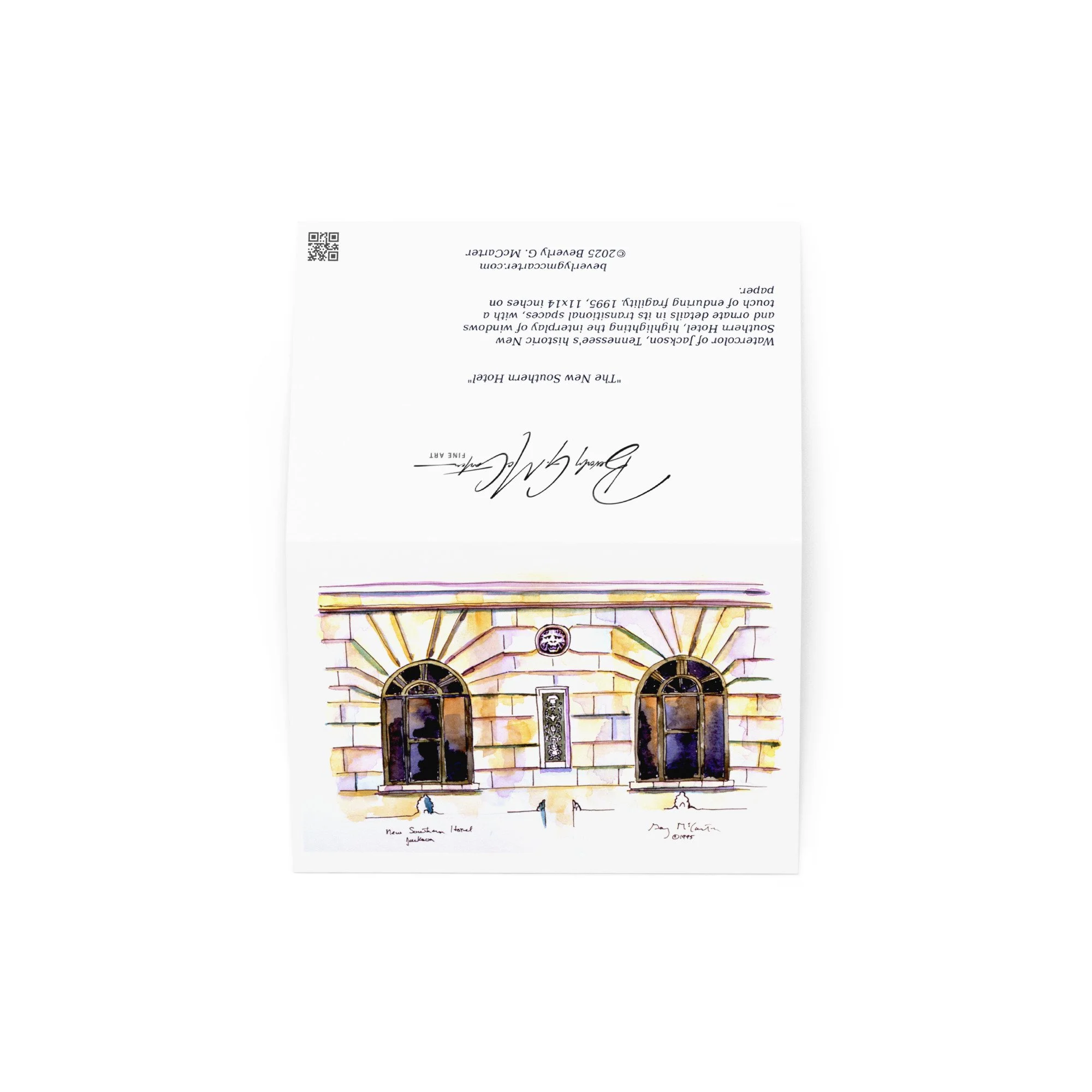 “New Southern Hotel” 1995 watercolor by Beverly G. McCarter – Jackson TN hotel's ornate windows and transitional spaces whispering Southern elegance, set of 5 Fine Art Note Cards.