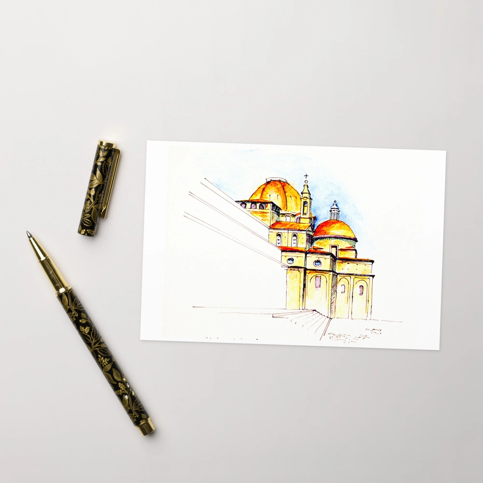 “Basilica di San Lorenzo” 1994 watercolor by Beverly G. McCarter – Florence's domes and facades weaving art and history in light, set of 5 Fine Art Note Cards.