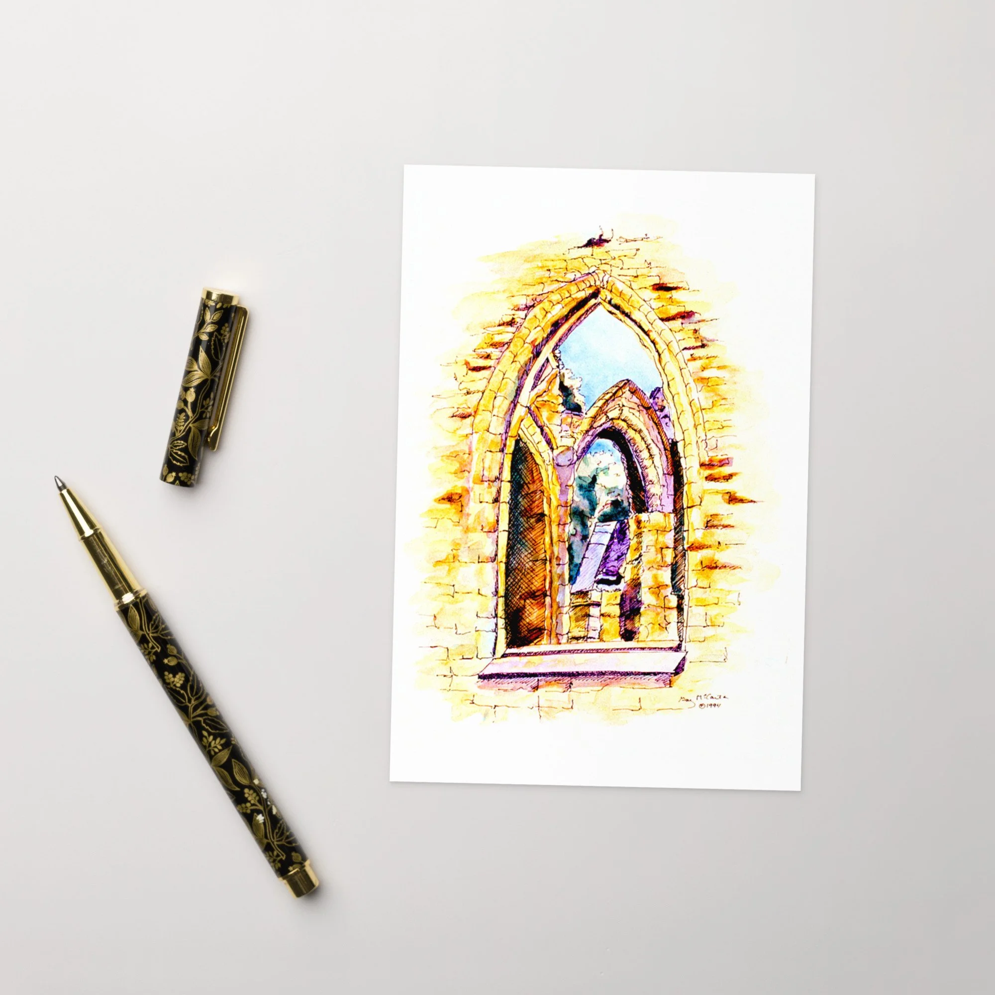 “Tintern Abbey” 1994 watercolor by Beverly G. McCarter – sunlit Gothic arches and ivy-clad ruins in gentle harmony, set of 5 Fine Art Note Cards.