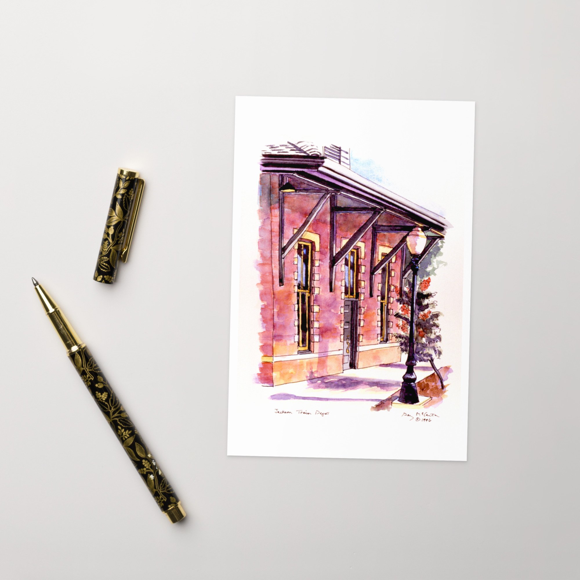 “Jackson Train Depot” 1996 watercolor by Beverly G. McCarter – architectural lines meeting rhythms of connection and departure, set of 5 Fine Art Note Cards.