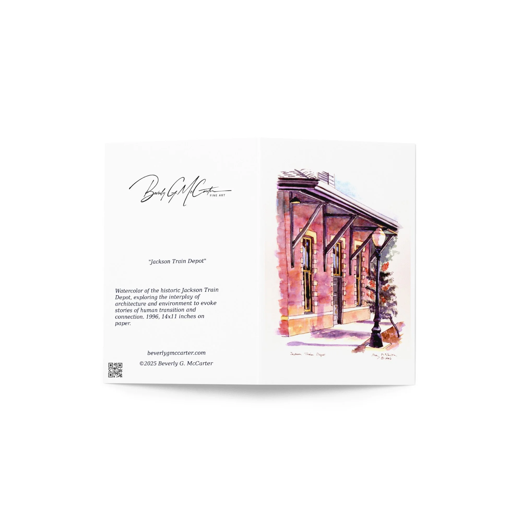 “Jackson Train Depot” 1996 watercolor by Beverly G. McCarter – architectural lines meeting rhythms of connection and departure, set of 5 Fine Art Note Cards.