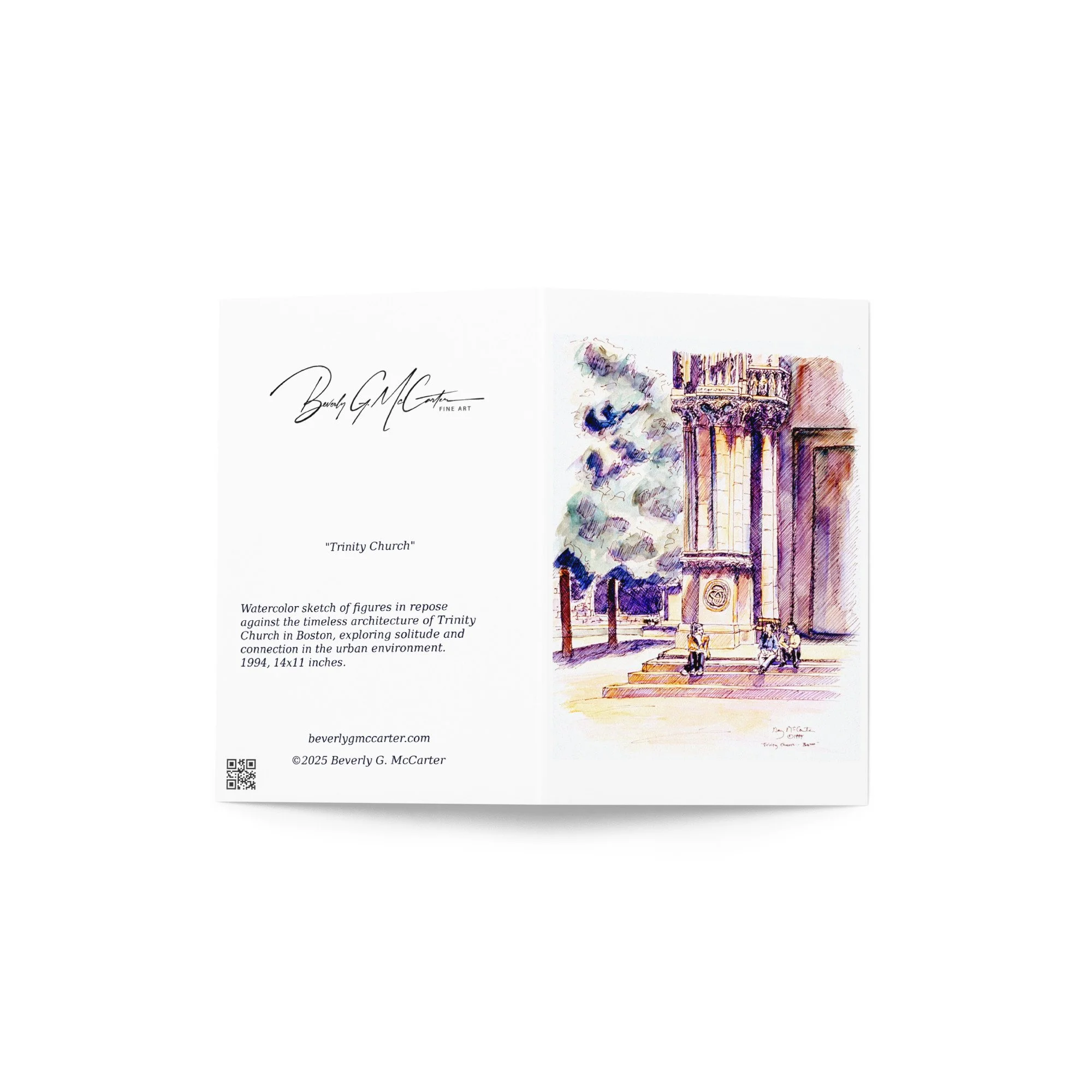 “Trinity Church in Boston” 1994 watercolor by Beverly G. McCarter – solitary figures against urban facade capturing solitude and connection, set of 5 Fine Art Note Cards.