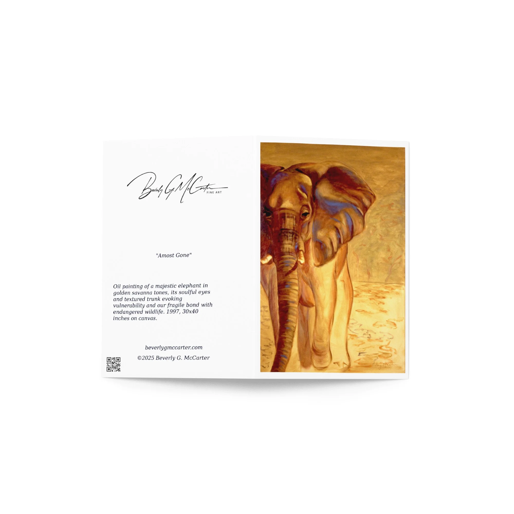 “Almost Gone” 1997 oil by Beverly G. McCarter – solitary elephant emerging from golden savanna light with soulful gaze and textured trunk, set of 5 Fine Art Note Cards.