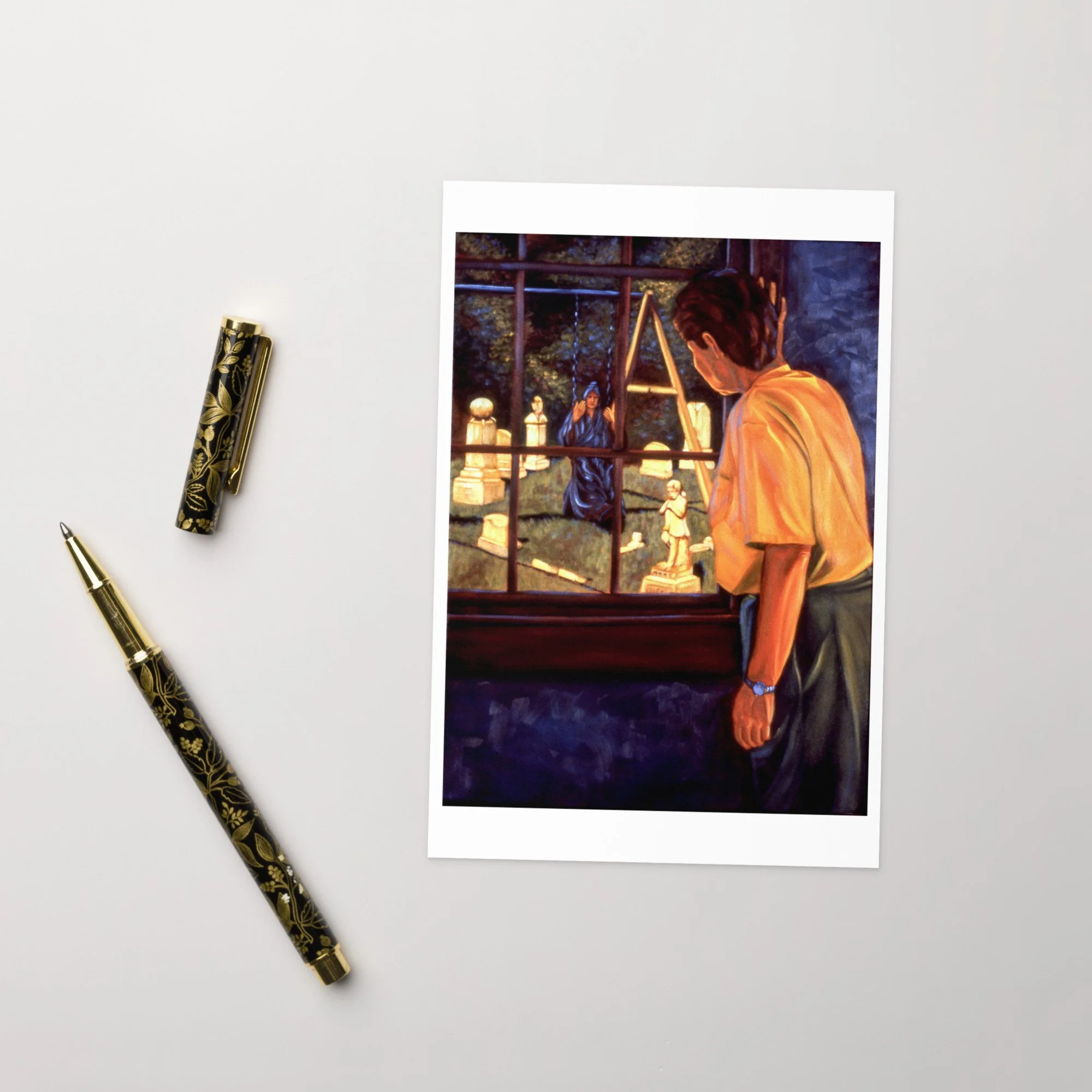 “Beckoning” 1995 oil by Beverly G. McCarter – figure at window viewing cemetery with statues and hooded presence, reflection on mortality, set of 5 Fine Art Note Cards.