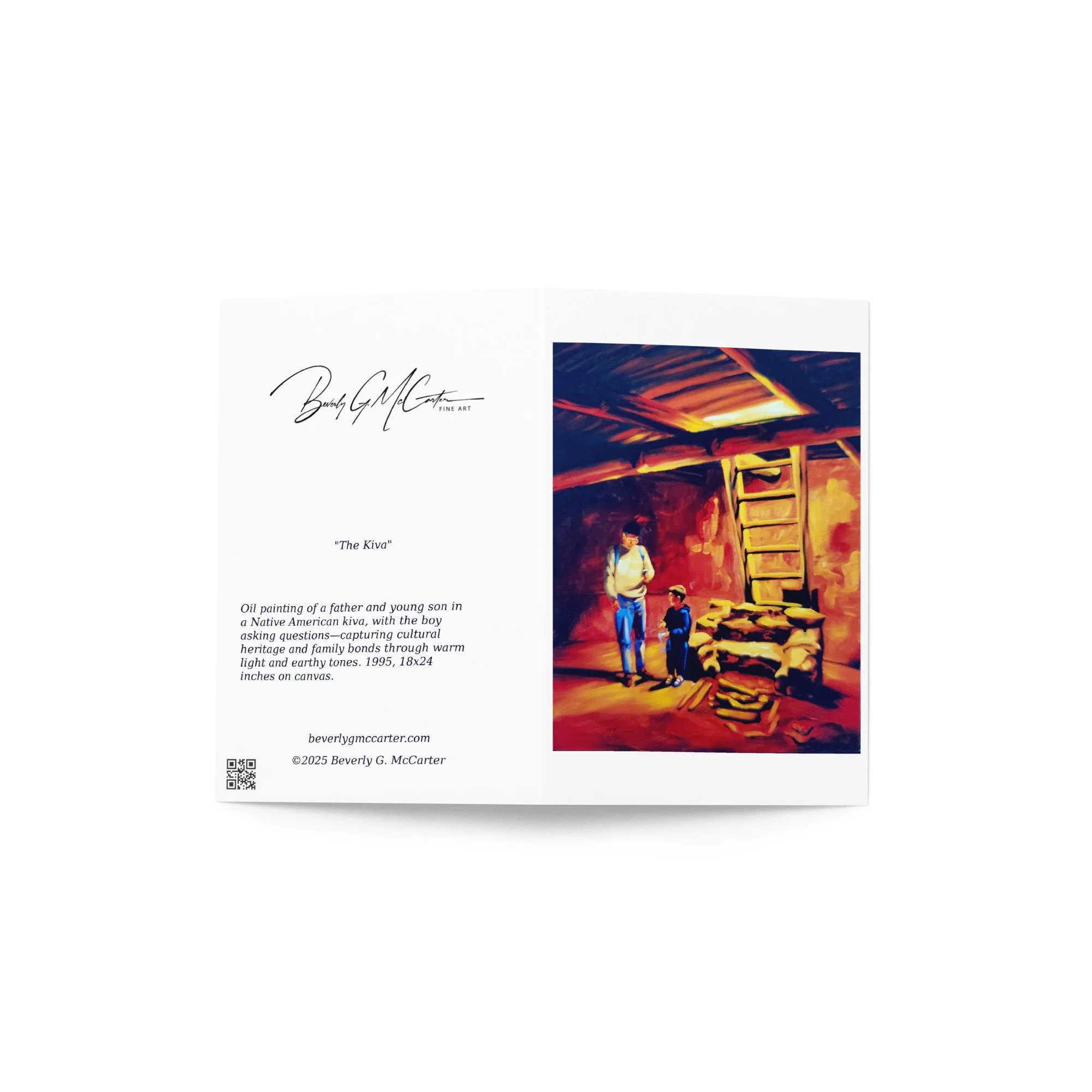 “The Kiva” 1995 oil by Beverly G. McCarter – father answering son's questions in sacred kiva with warm earth tones, generational wisdom, set of 5 Fine Art Note Cards.