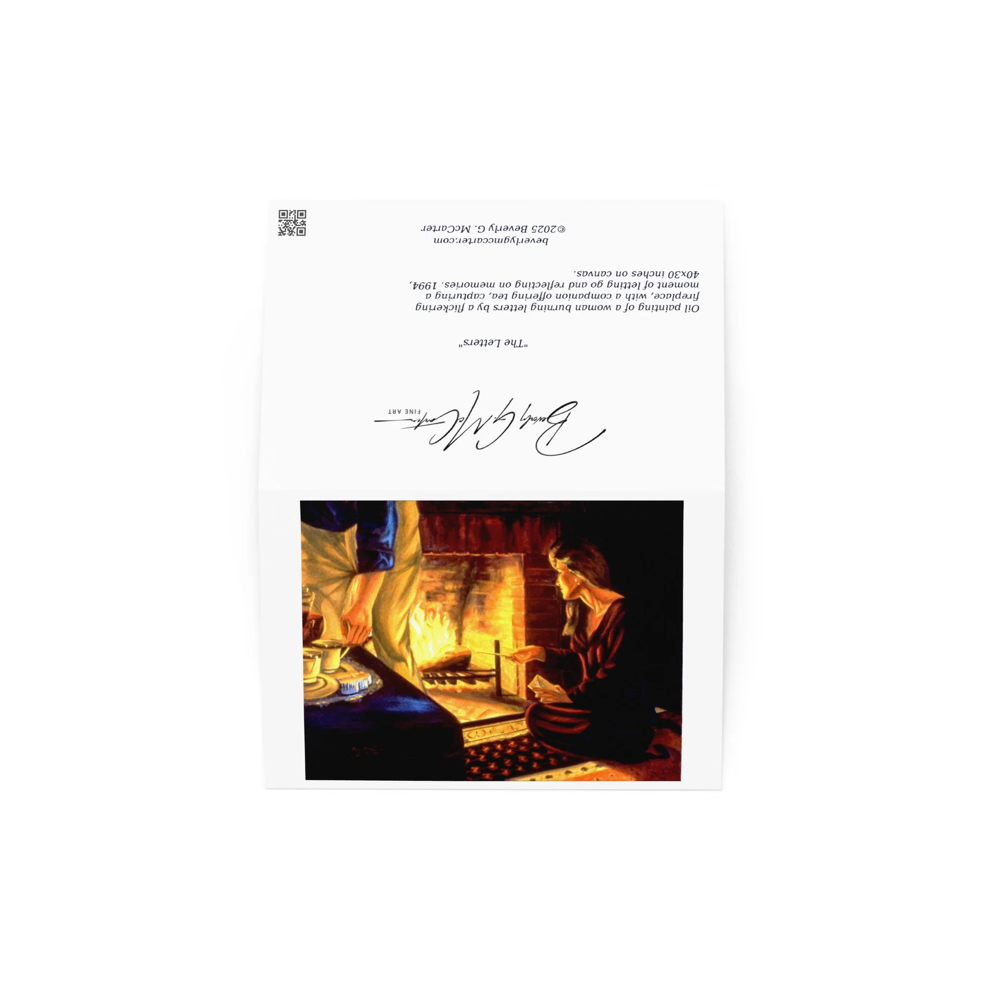 “The Letters” 1994 oil by Beverly G. McCarter – woman burning letters by fireplace with companion offering tea, release and solace, set of 5 Fine Art Note Cards.