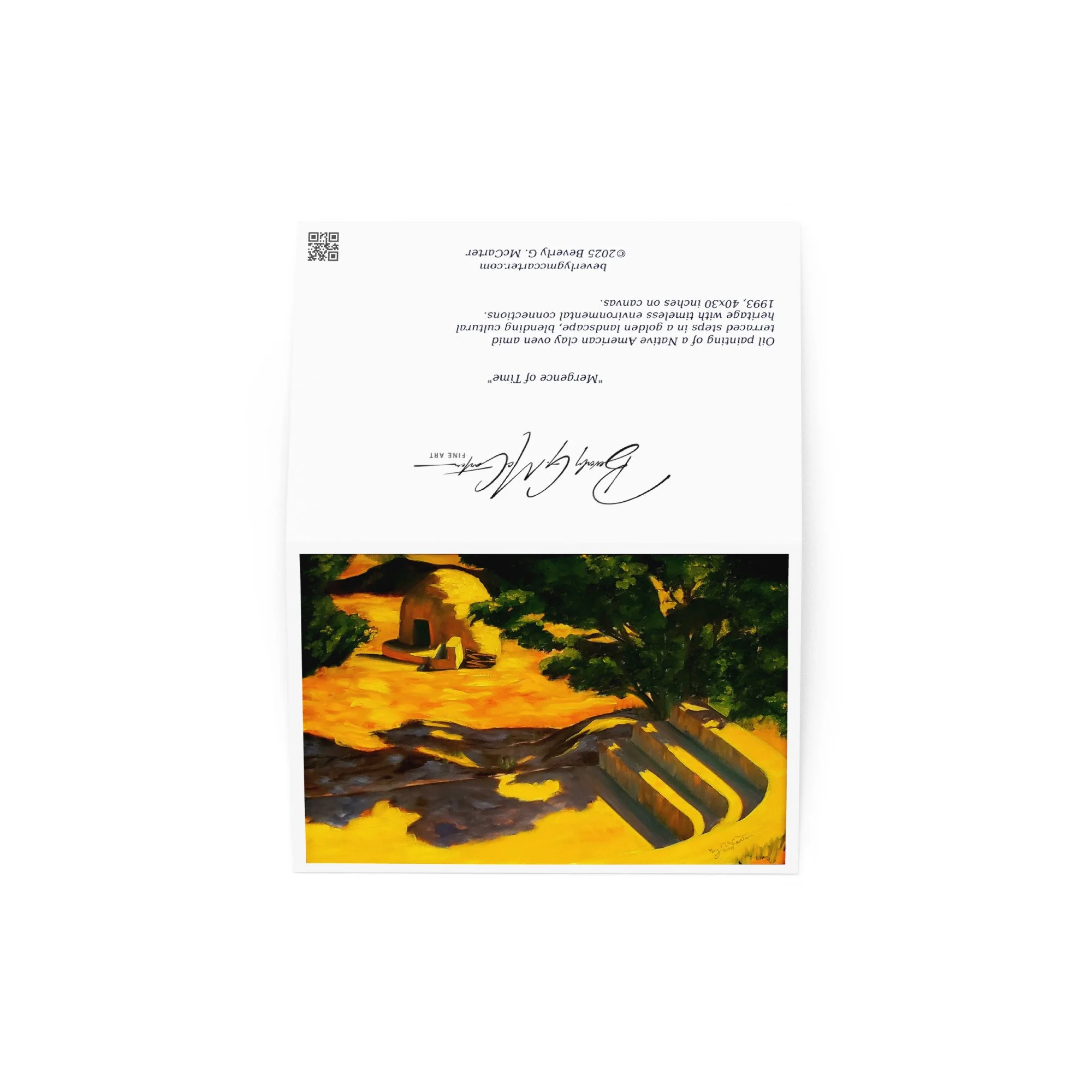 “Mergence of Time” 1993 oil by Beverly G. McCarter – Native American clay oven amid terraced steps in golden light, ancient harmony, set of 5 Fine Art Note Cards.