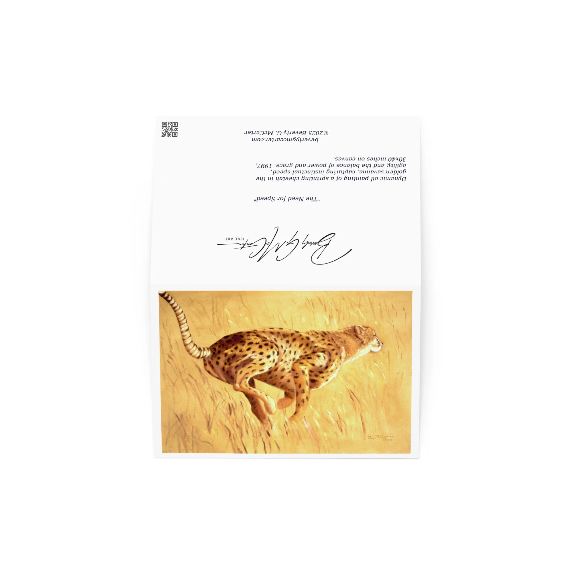 “Need for Speed” 1997 oil by Beverly G. McCarter – cheetah sprinting across sunlit grass, power and balance in predator's world, set of 5 Fine Art Note Cards.