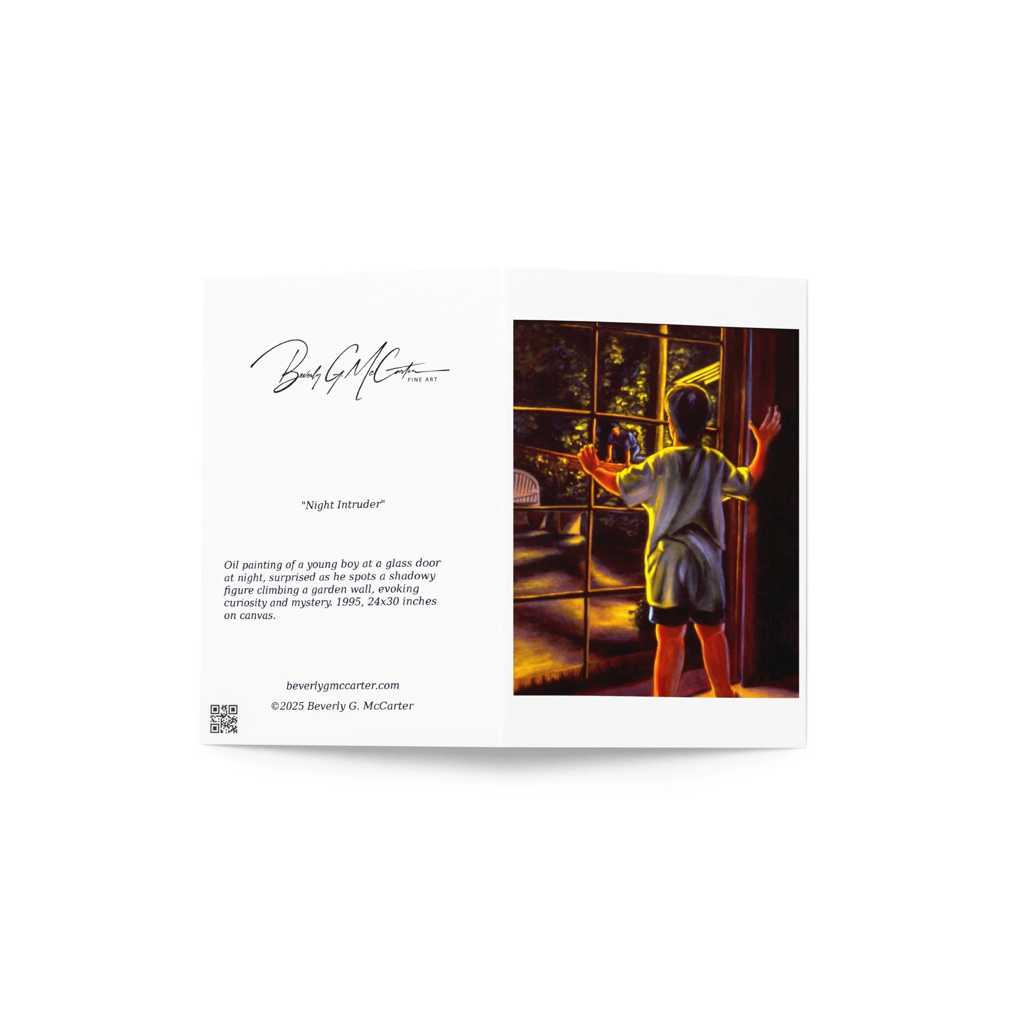 “Night Intruder” 1995 oil by Beverly G. McCarter – boy at door watching shadowy figure scale moonlit wall, childhood mystery, set of 5 Fine Art Note Cards.