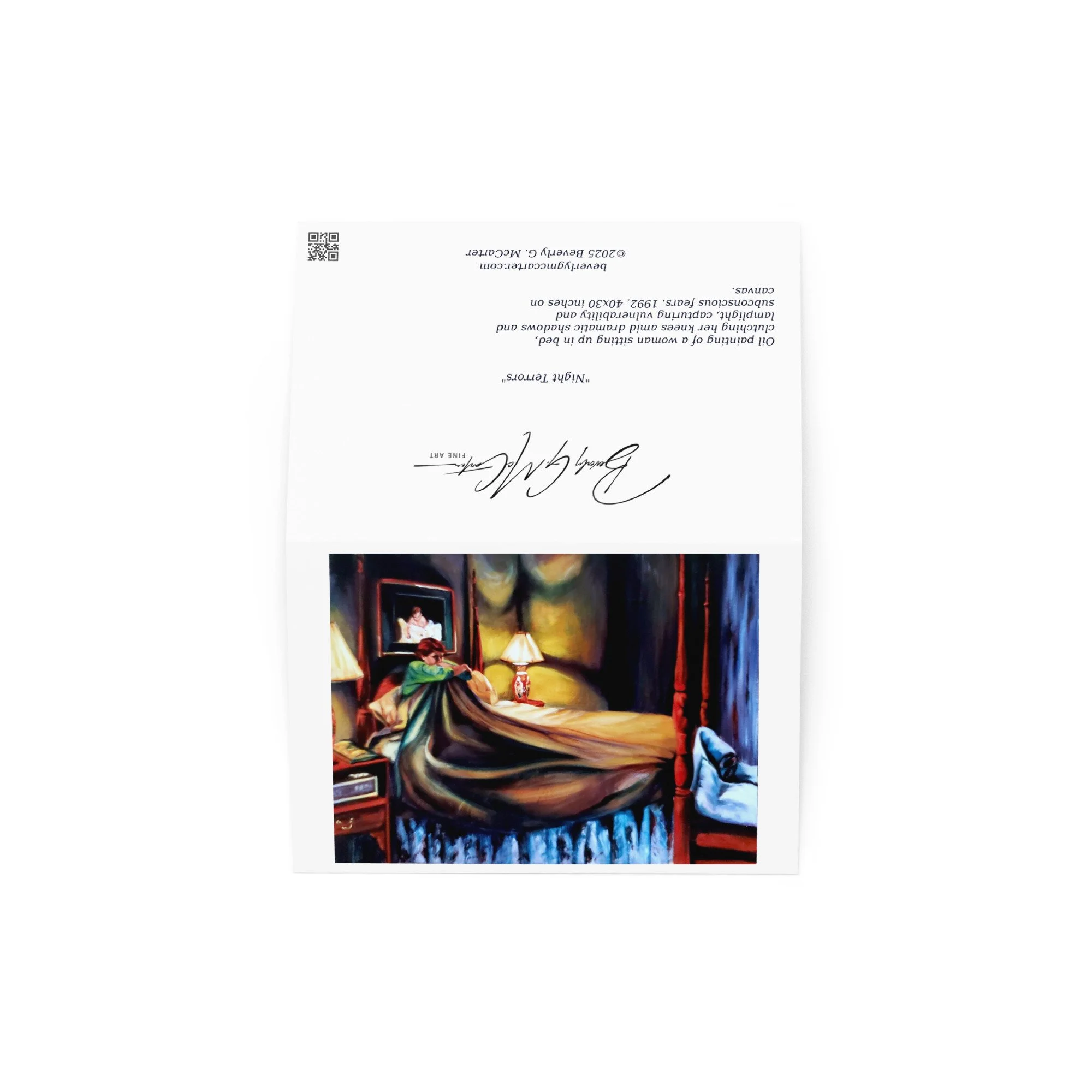 “Night Terrors” 1992 oil by Beverly G. McCarter – woman clutching knees in bed under lamplight, vulnerability and subconscious shadows, set of 5 Fine Art Note Cards.