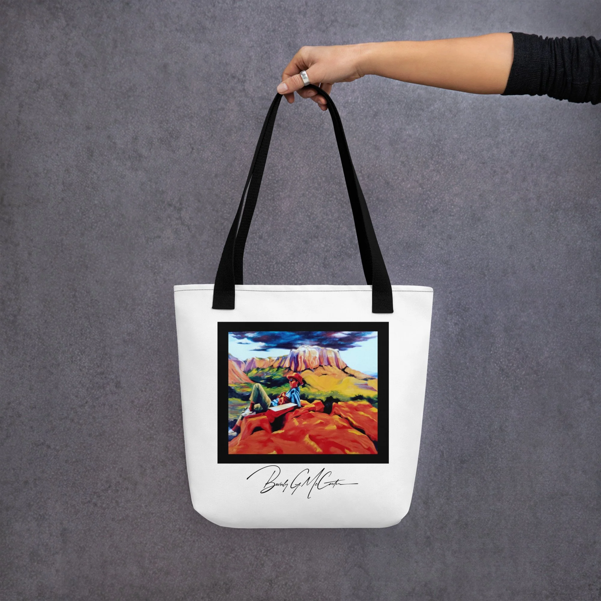 Polyester tote bag with On the Edge oil print by Beverly G. McCarter, figure contemplating dramatic landscape.