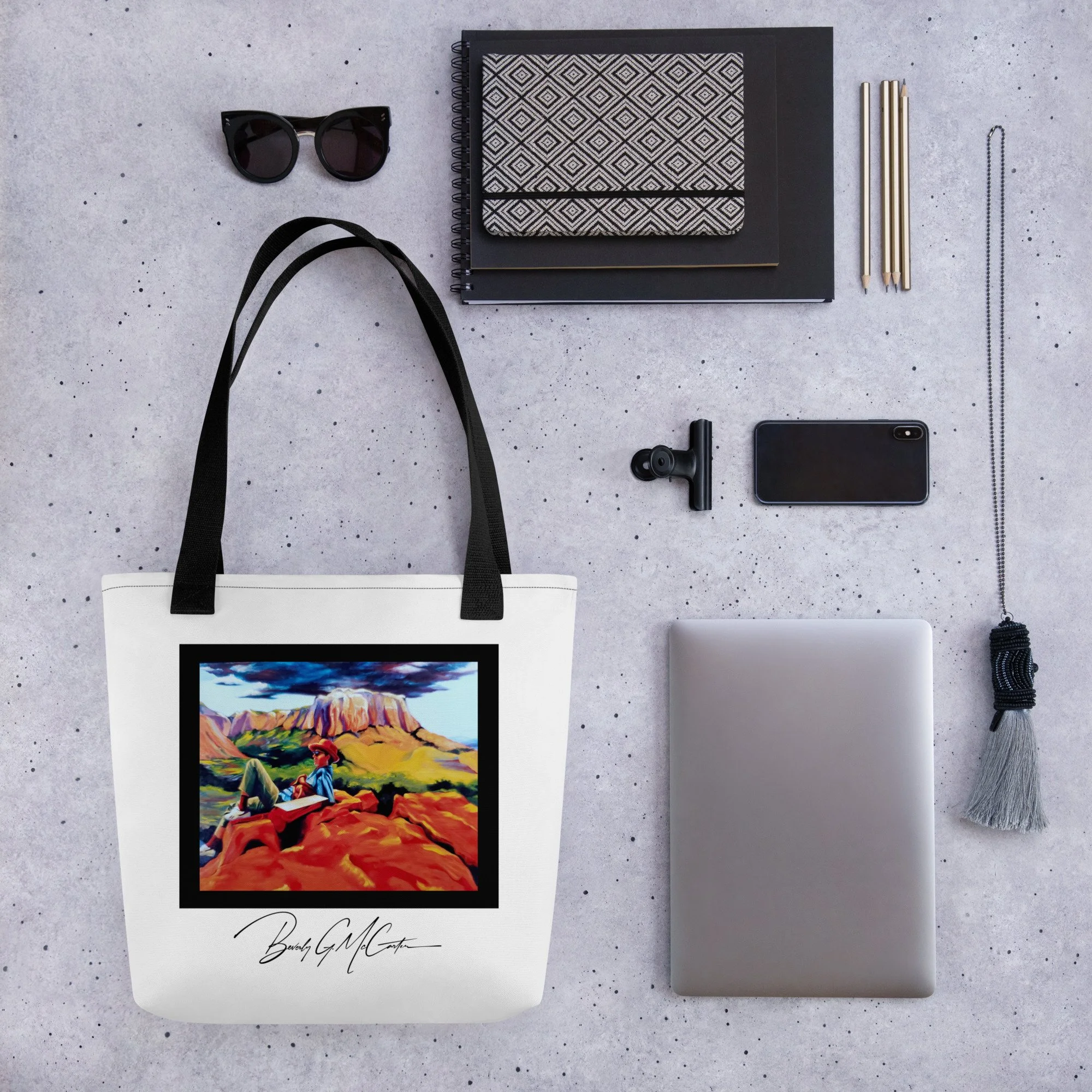 Polyester tote bag with On the Edge oil print by Beverly G. McCarter, figure contemplating dramatic landscape.