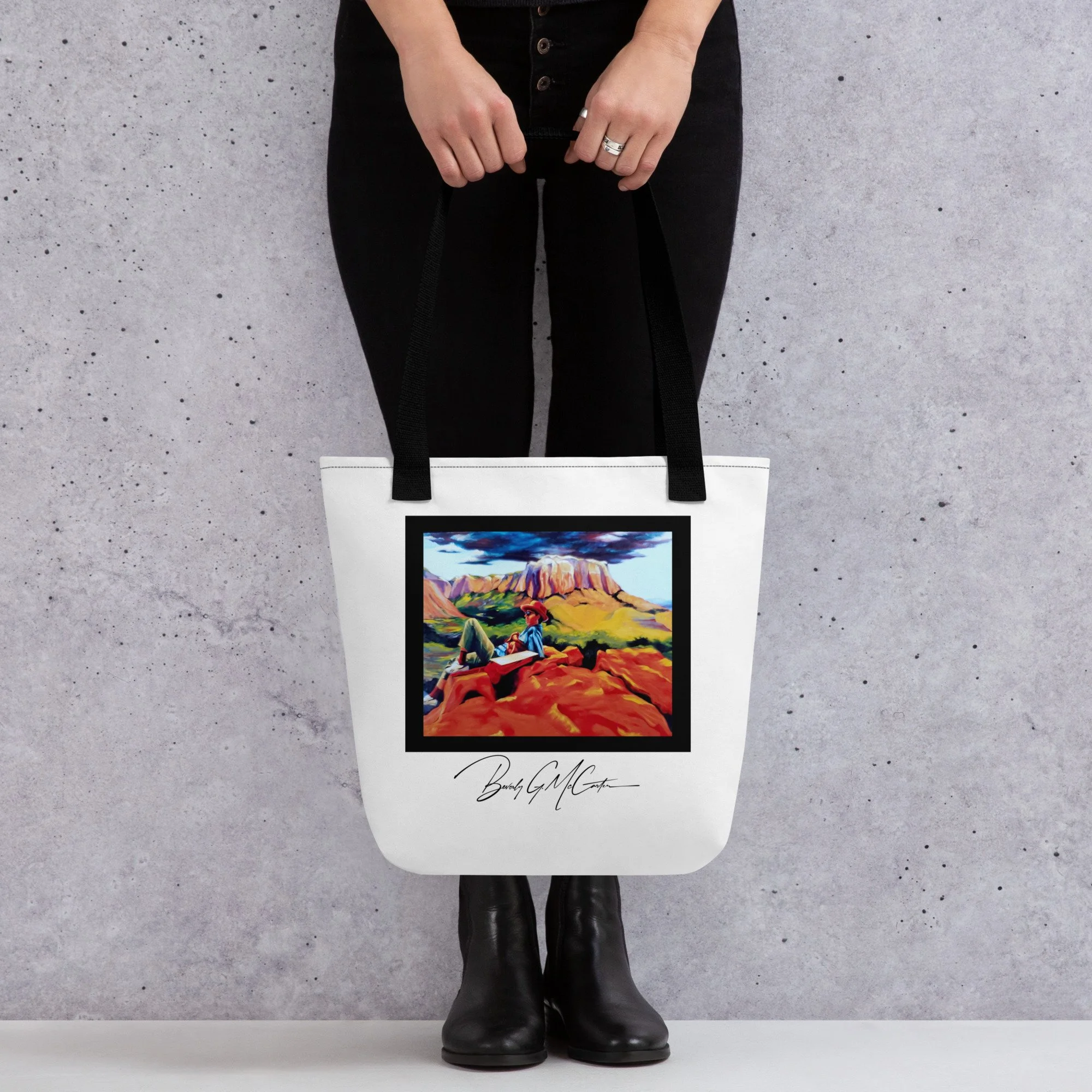 Polyester tote bag with On the Edge oil print by Beverly G. McCarter, figure contemplating dramatic landscape.