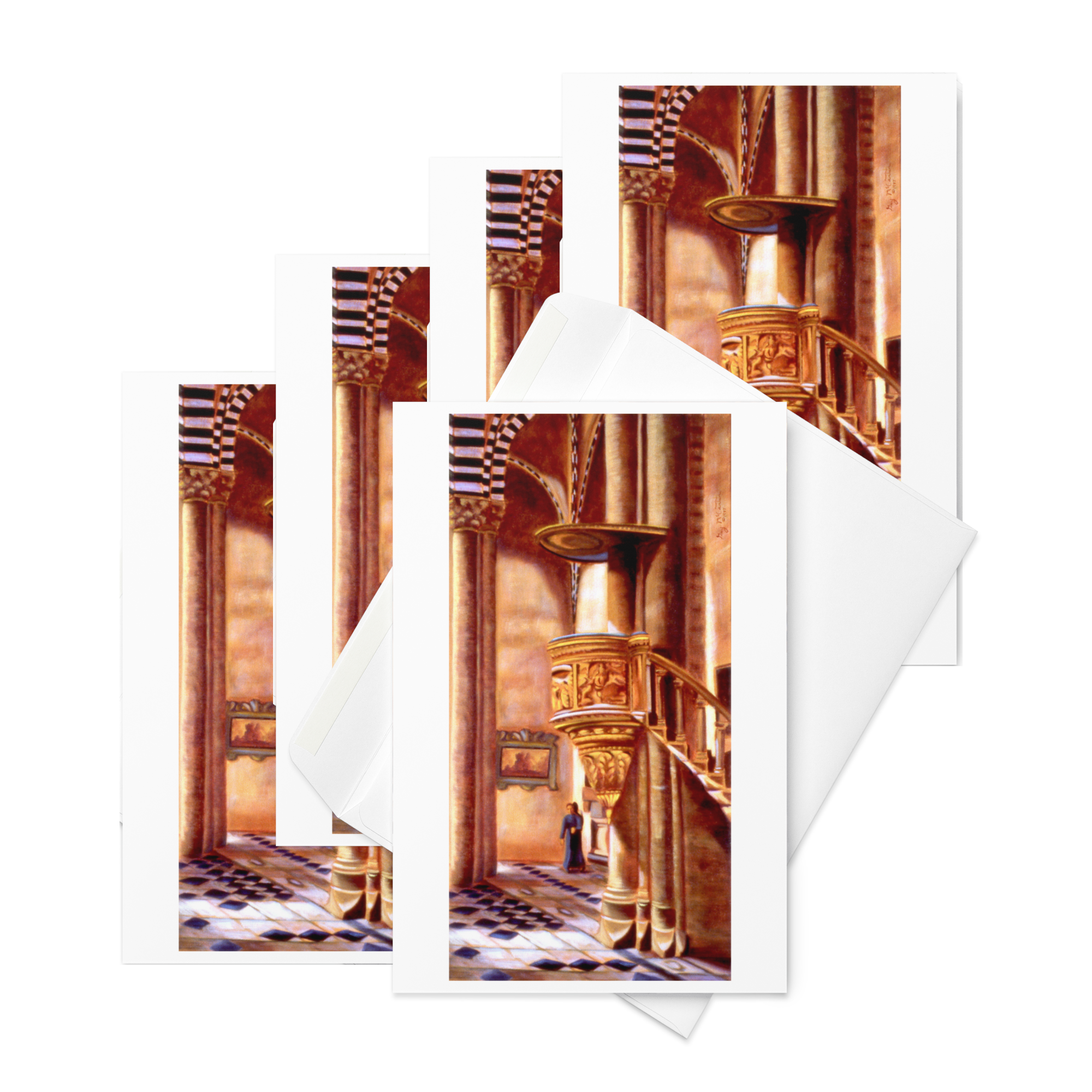 “The Ambo” 1997 oil by Beverly G. McCarter – Italian church pulpit with lone figure in golden light, spiritual transition, set of 5 Fine Art Note Cards.