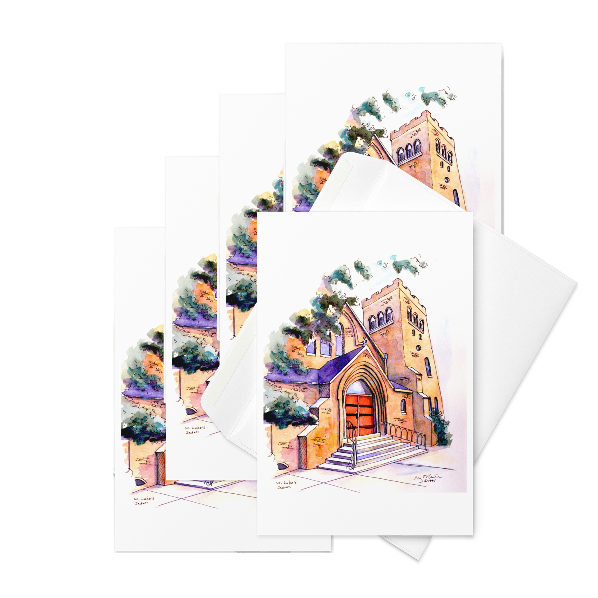 “St. Luke's Church” 1995 watercolor by Beverly G. McCarter – Jackson's Gothic Revival bell tower and red doors as beacon of faith, set of 5 Fine Art Note Cards.