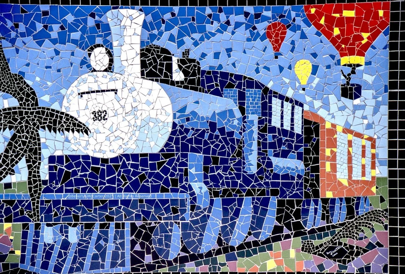 Jackson and the Arts detail right mosaic by Beverly G. McCarter, right section with art overlays on Jackson TN balloon festival, 2000, 21x4 feet.