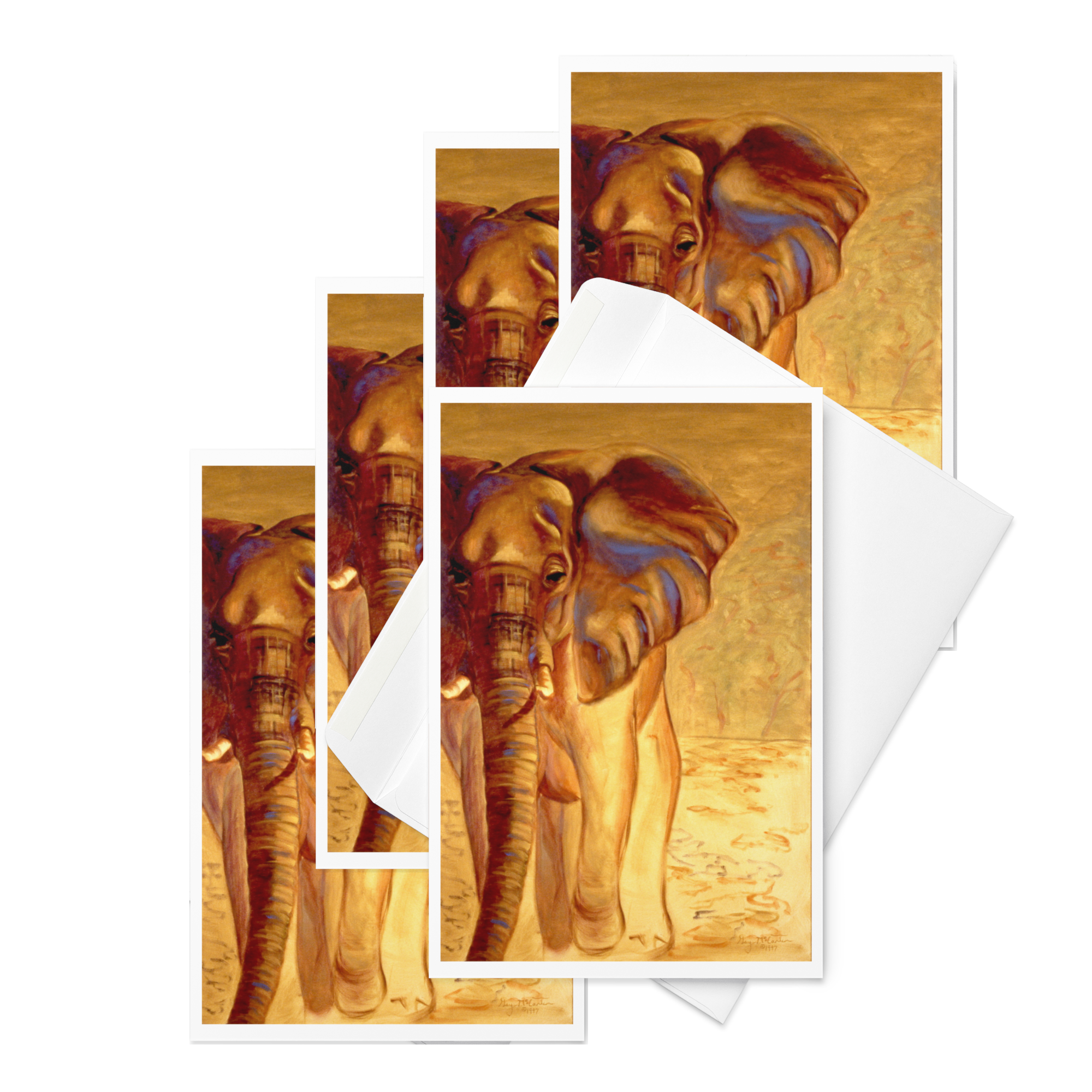 “Almost Gone” 1997 oil by Beverly G. McCarter – solitary elephant emerging from golden savanna light with soulful gaze and textured trunk, set of 5 Fine Art Note Cards.